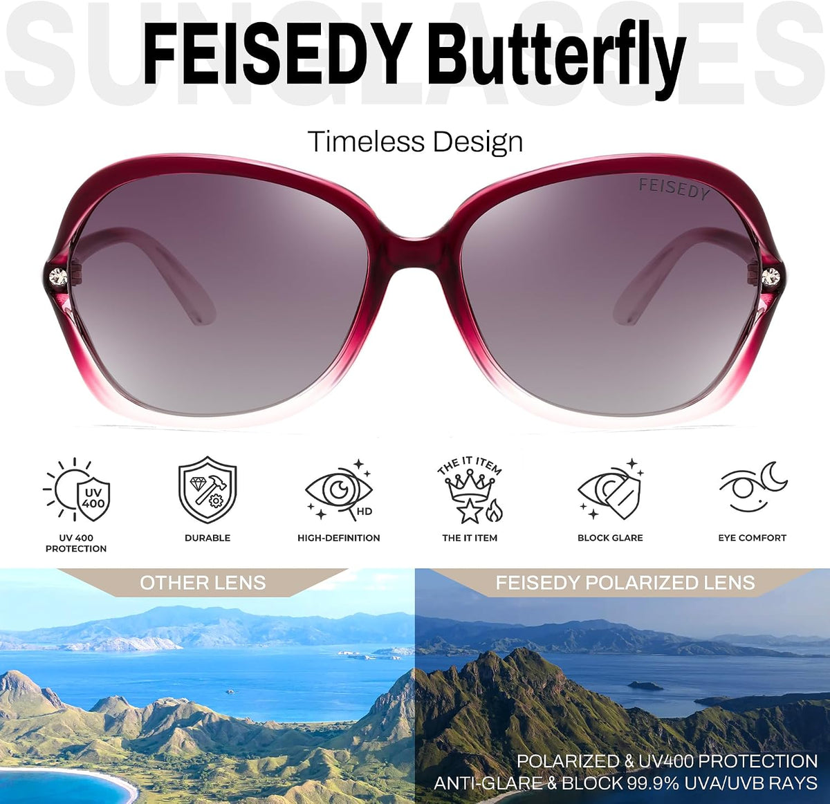 ÉÌƷͼƬ 3 | B0H8N71P98 | FEISEDY Fashion Polarized Sunglasses for Women Butterfly UV400 B0424