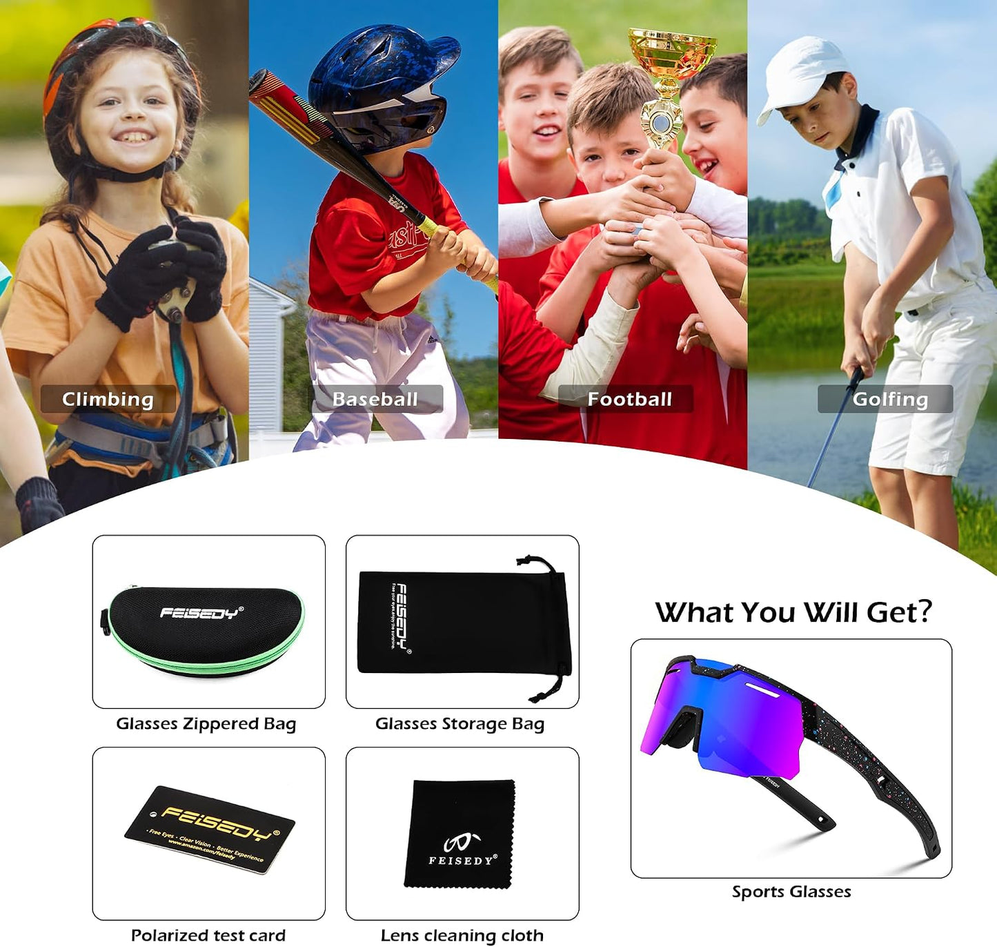 商品图片 7 | B0D78P6WRV | FEISEDY Kids Teens Baseball Polarized Sunglasses Sports Cycling Glasses for Youth Boys Girls Age 8-16 B0157