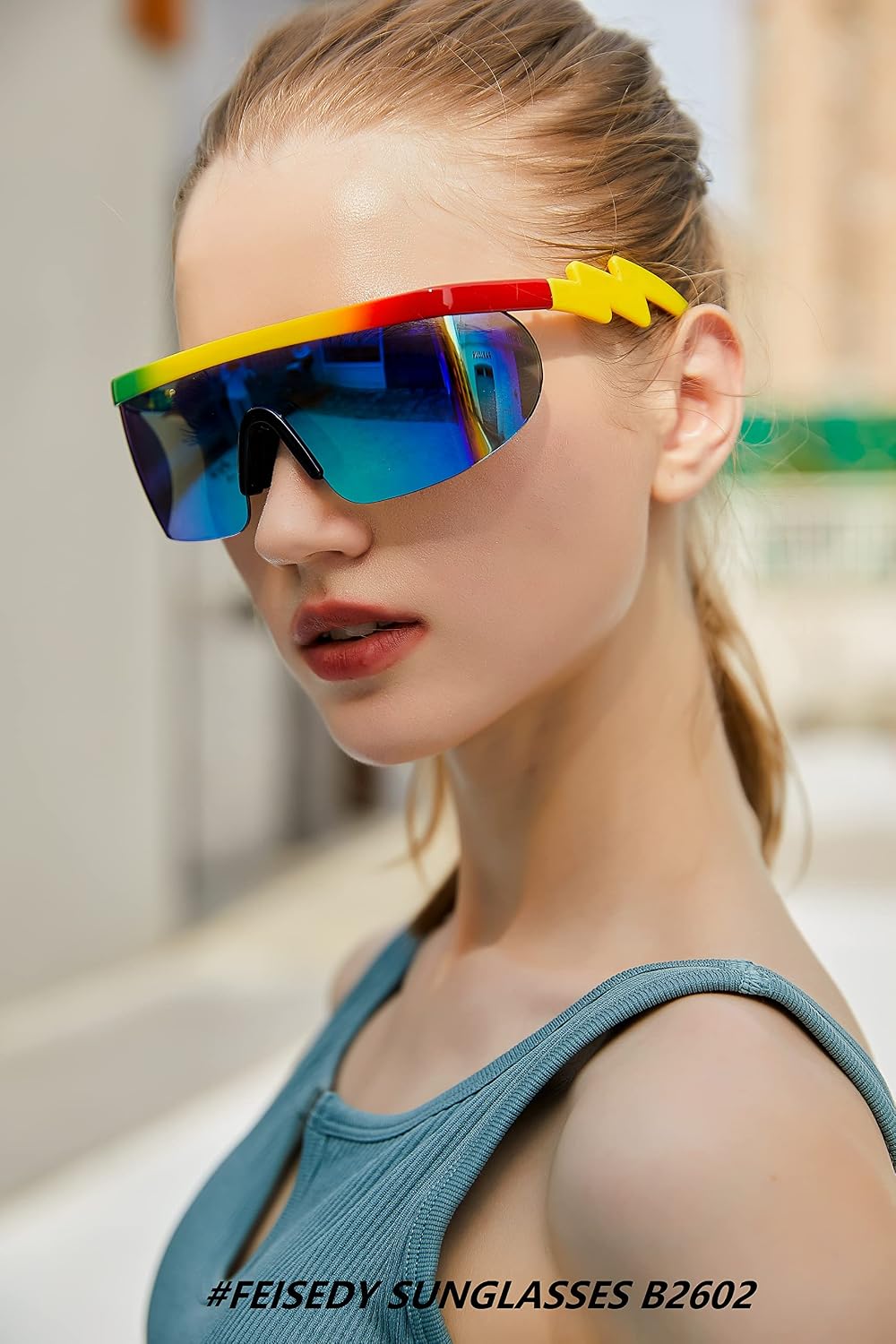 商品图片 73 | B096SD9GGG | FEISEDY Oversized Mirror Shield Sport 80s Sunglasses Ski Goggles Flat Top One Piece Futuristic Visor Women Men B2522