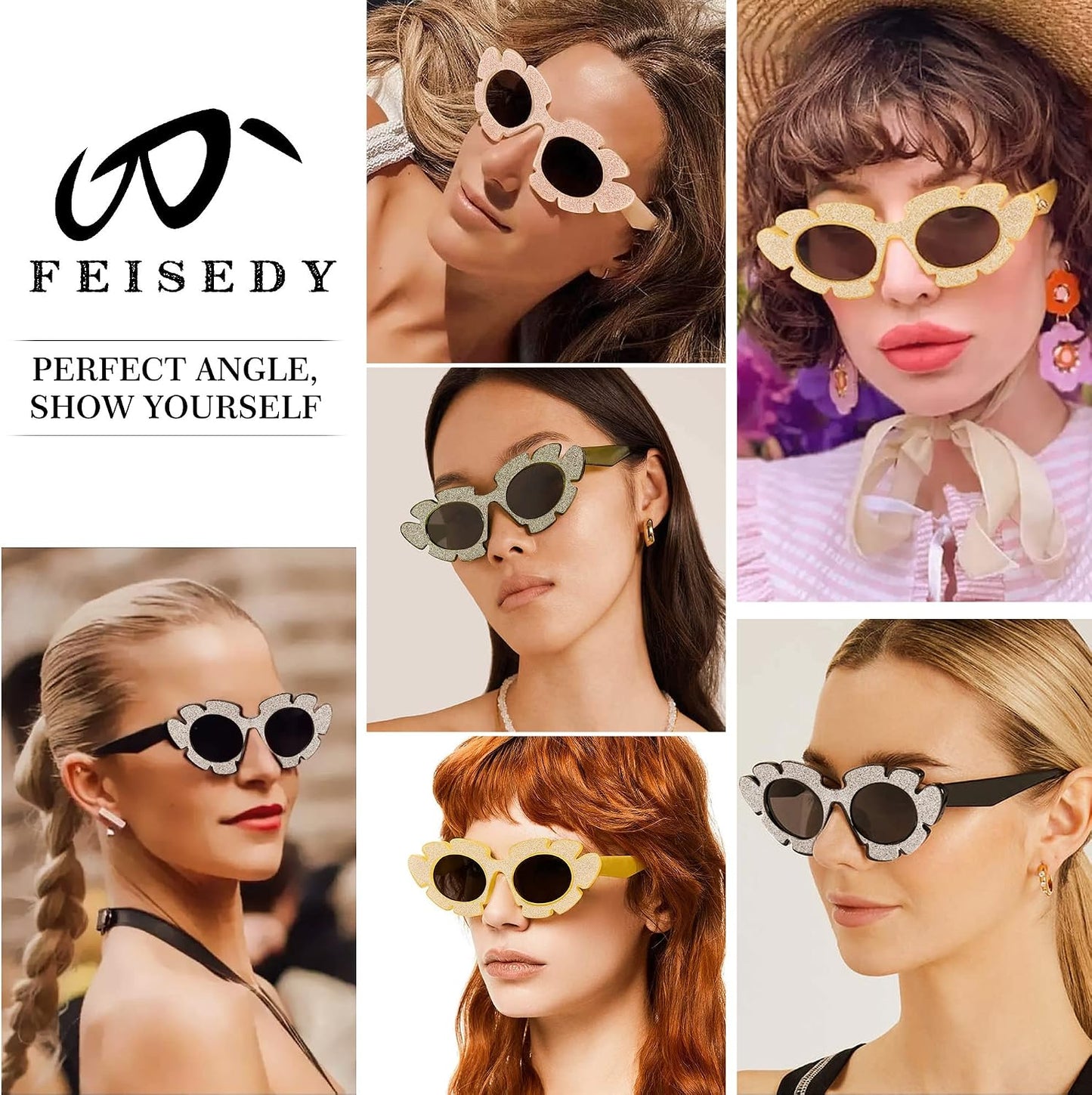 商品图片 3 | B0BRCJF4HH | FEISEDY Trendy Cat Eye Sunglasses Flower-shaped Frames Retro Diamond Cateye Eyewear for Women Men Oversized Sunglasses B2370