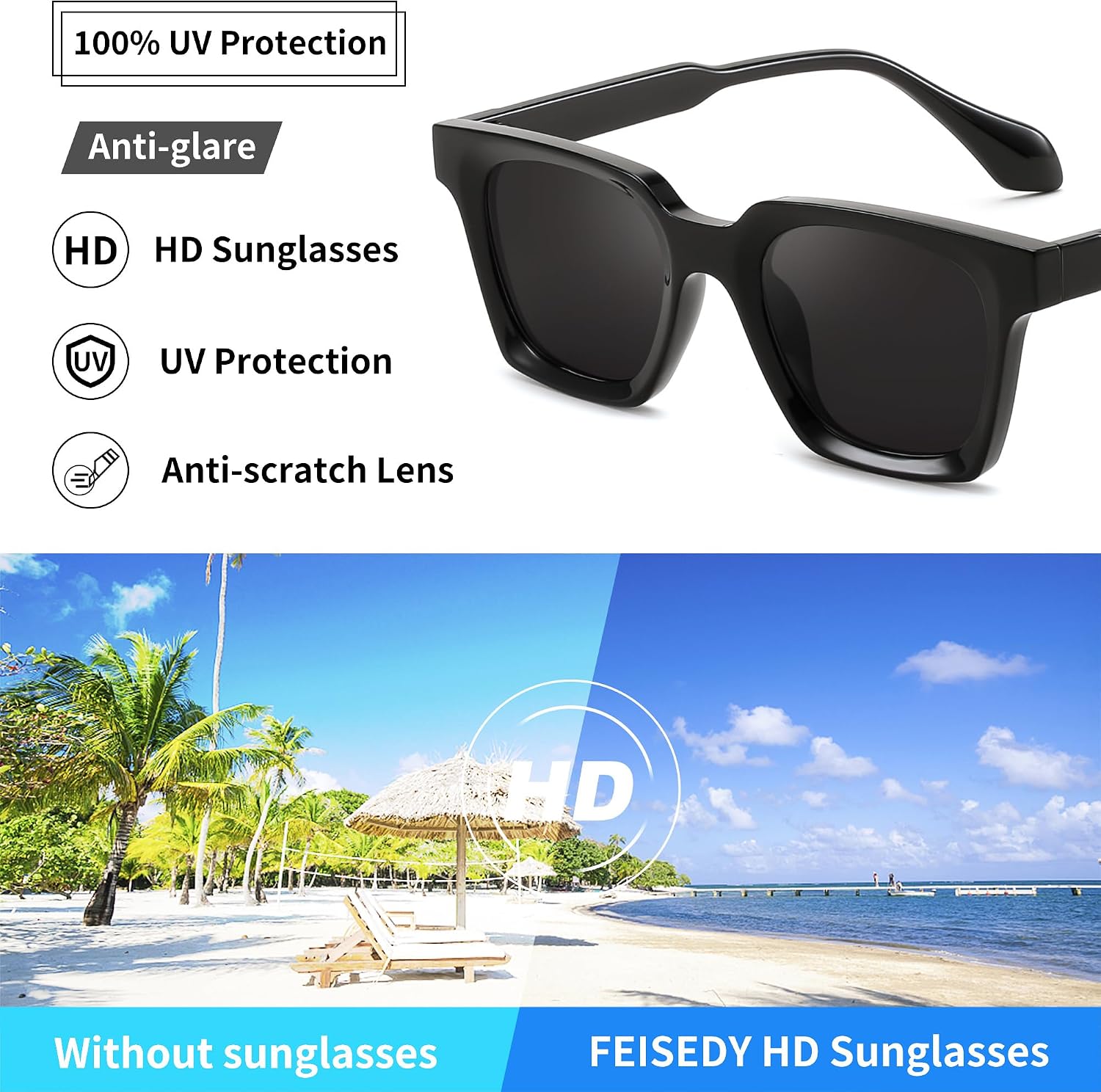 商品图片 6 | B0D7CC769X | FEISEDY Retro Square Sunglasses Women Men Trendy Rectangle Thick Frame Shades Classic Designer Sun Glasses B0198