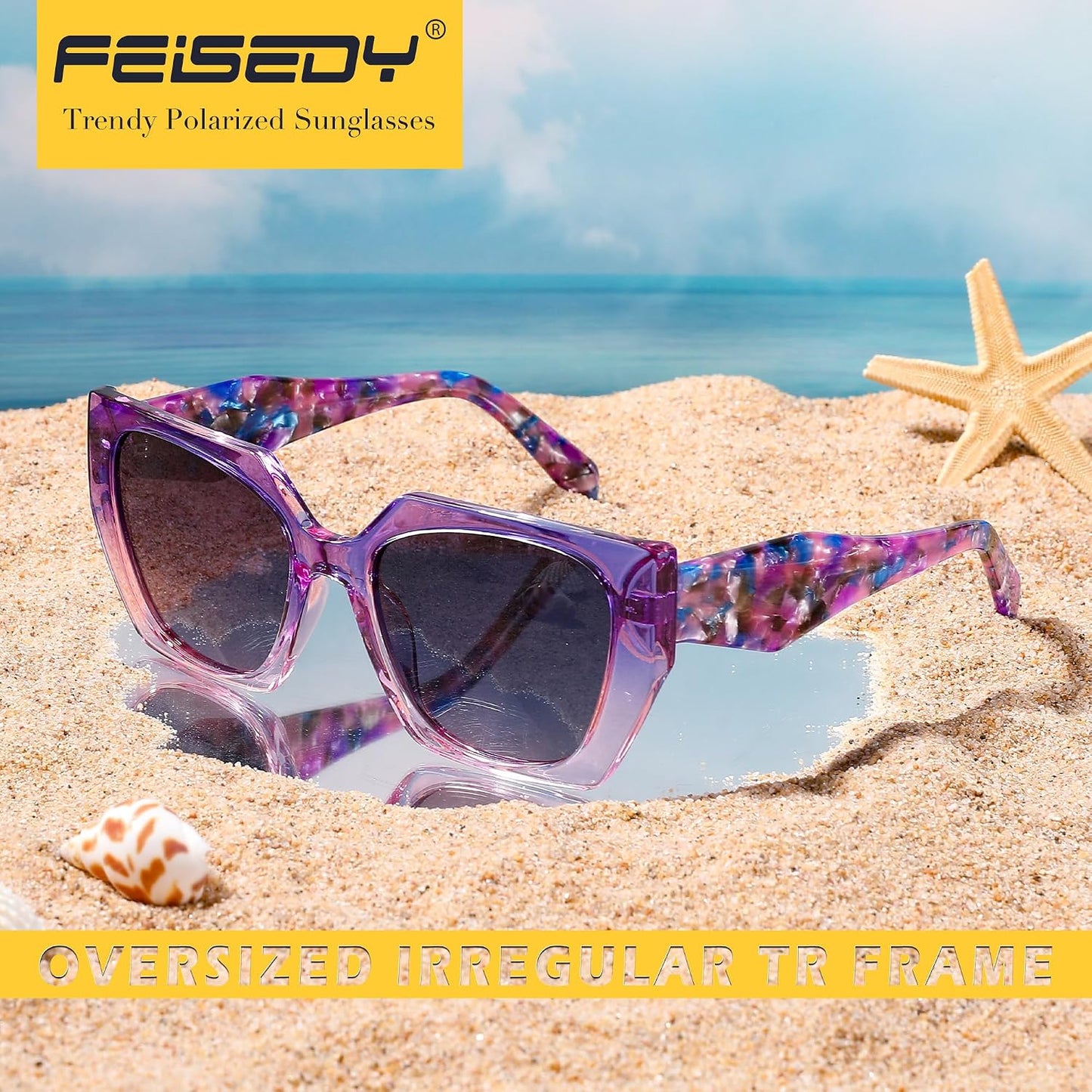 商品图片 7 | B0CNCTSQ2Z | FEISEDY Trendy Polarized Sunglasses, Oversized Irregular TR Frame for Women Men, Retro Shades UV400 B0016