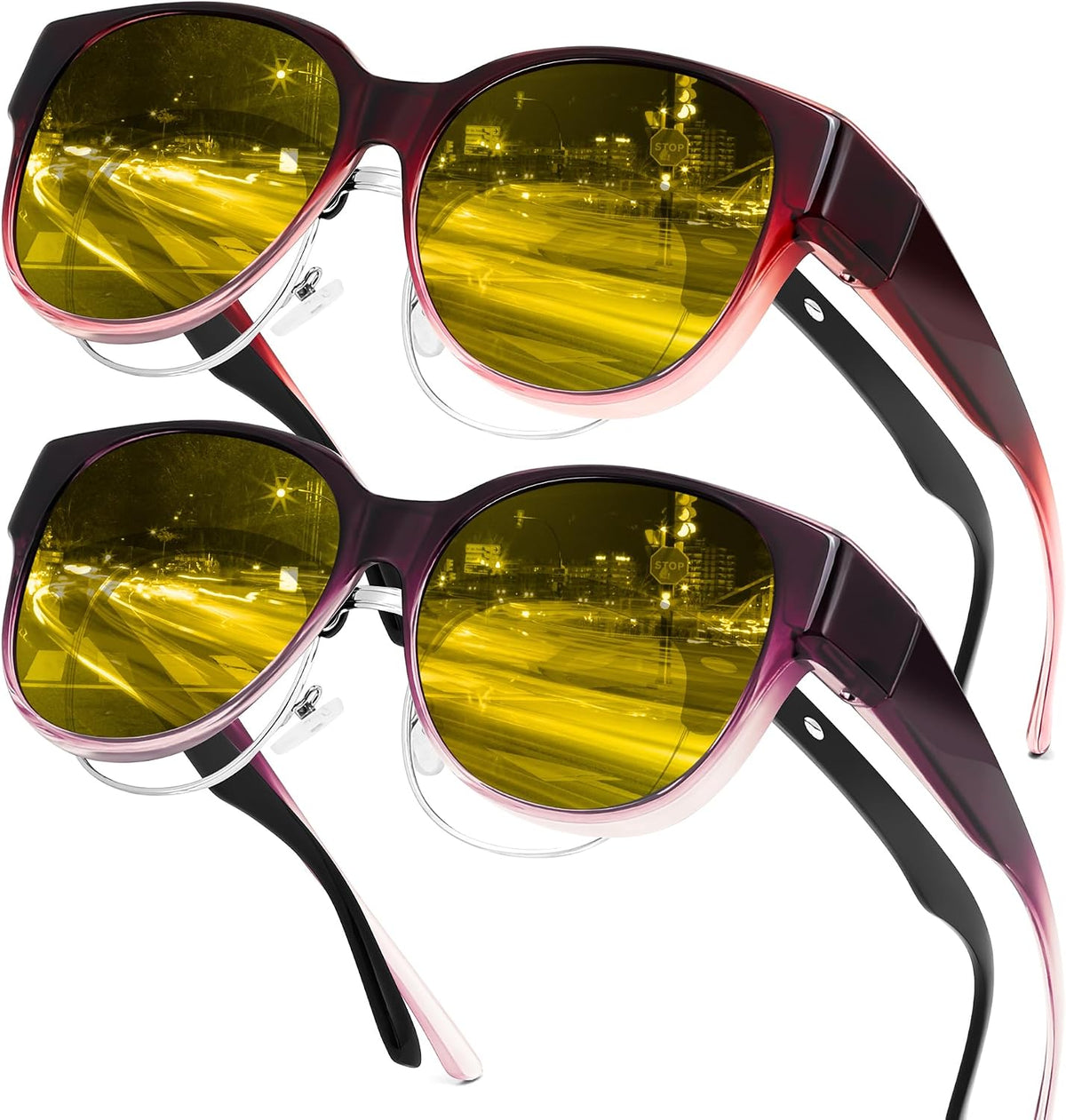 Gradual Wine Red Frame + Graduan Purple Frame / 55 Millimeters | B0FX4SG4Y5 | FEISEDY 2Pack Night Driving Glasses Over Glasses with Yellow Lenses Fit Over Polarized Nighttime Sunglasses B0331