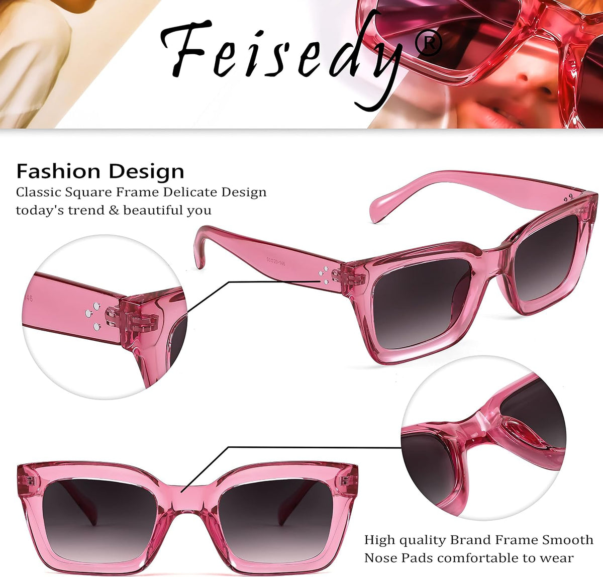 ÉÌƷͼƬ 53 | B07MNGNLNT | FEISEDY Classic Women Sunglasses Fashion Thick Square Sun Glasses B2471