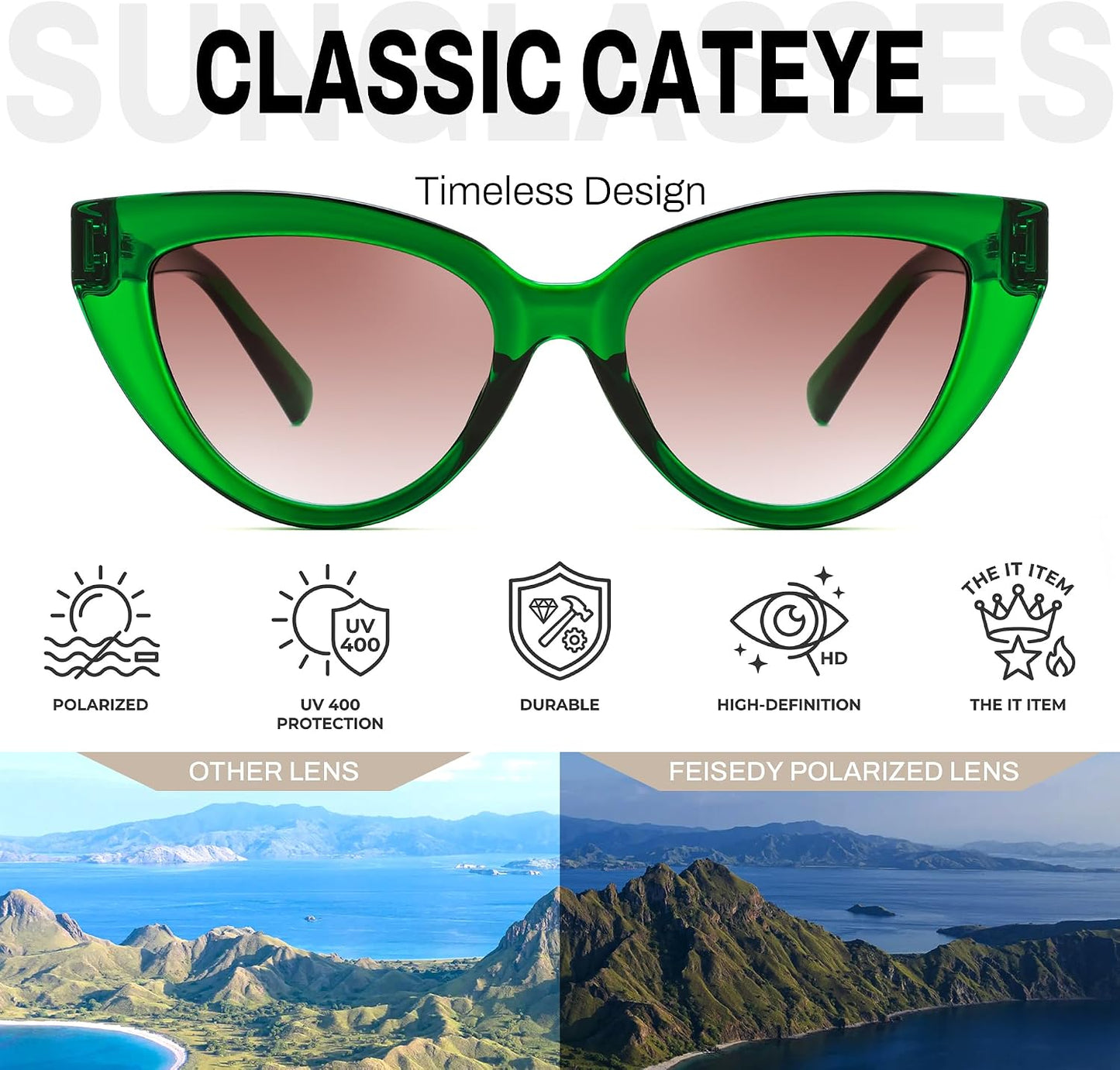 商品图片 22 | B0GVF3CZ9N | FEISEDY Cat eye Sunglasses Polarized and Retro Stylish for Women Men B0428 | UV400 Protection, for Driving Fishing Beach Travel and Party, Metal Accents, Versatile Styling