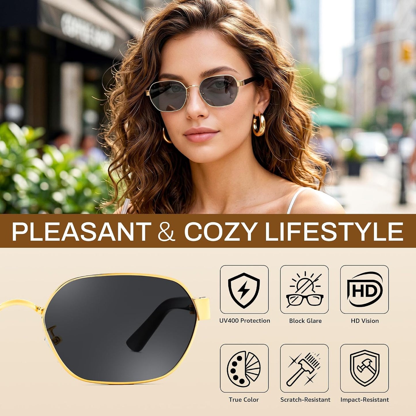 商品图片 32 | B0GY42ZV46 | FEISEDY Women and Men UV400 Protection Sunglasses, Polygon Square Metal Frame Retro Stylish Shades B0452