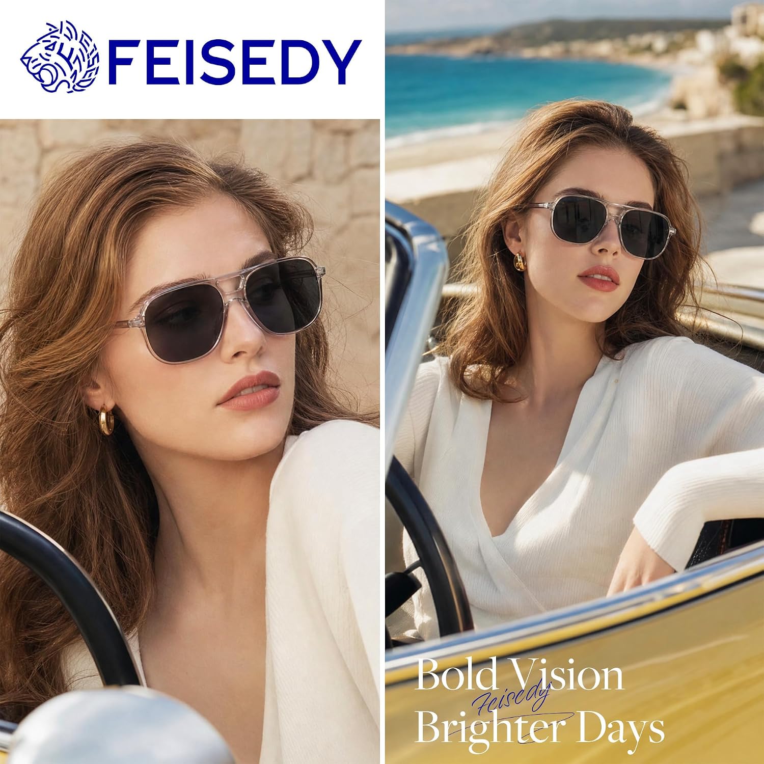 商品图片 24 | B0H1WCGC42 | FEISEDY Retro Square Aviator Sunglasses Women Men Double Bridge B0443