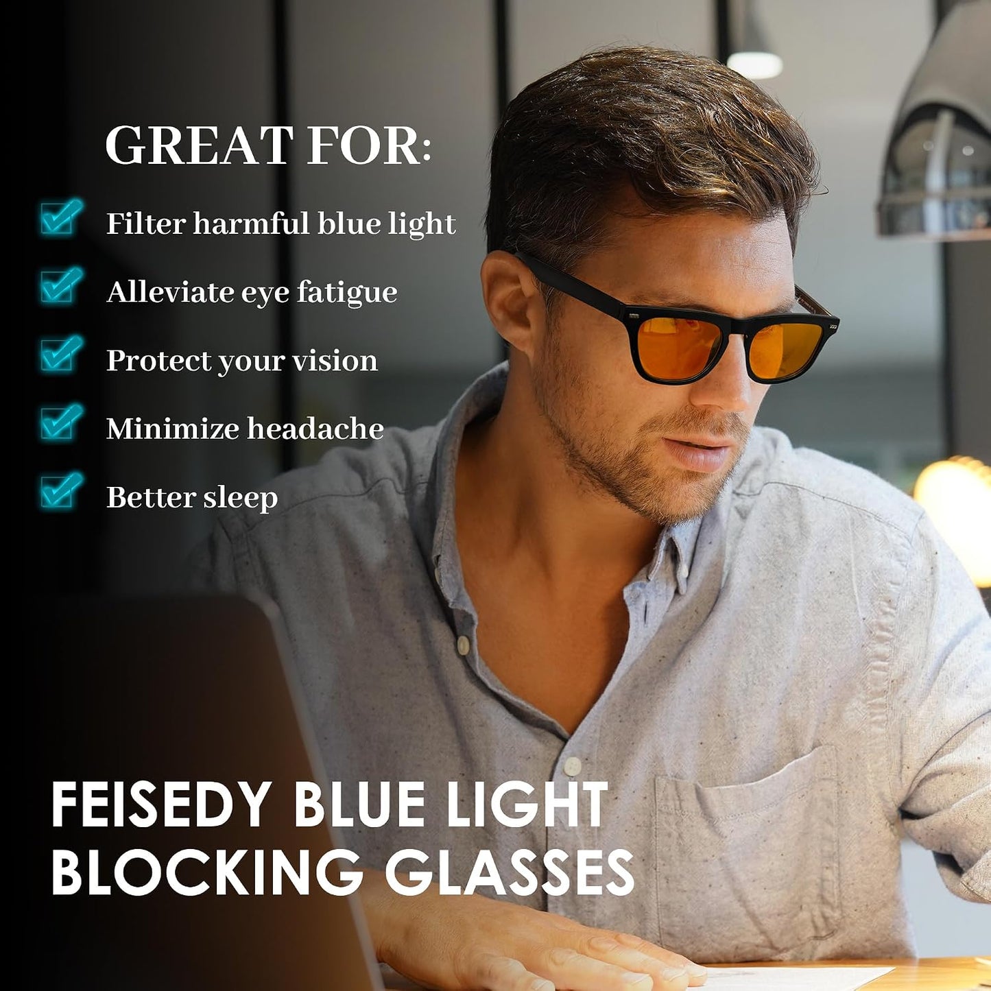 商品图片 2 | B0DGG8ZW4W | FEISEDY Fashion Blue Light Blocking Glasses for Men Women Computer Gaming Glasses Anti Eyestrain Sleeping Glasses B1225