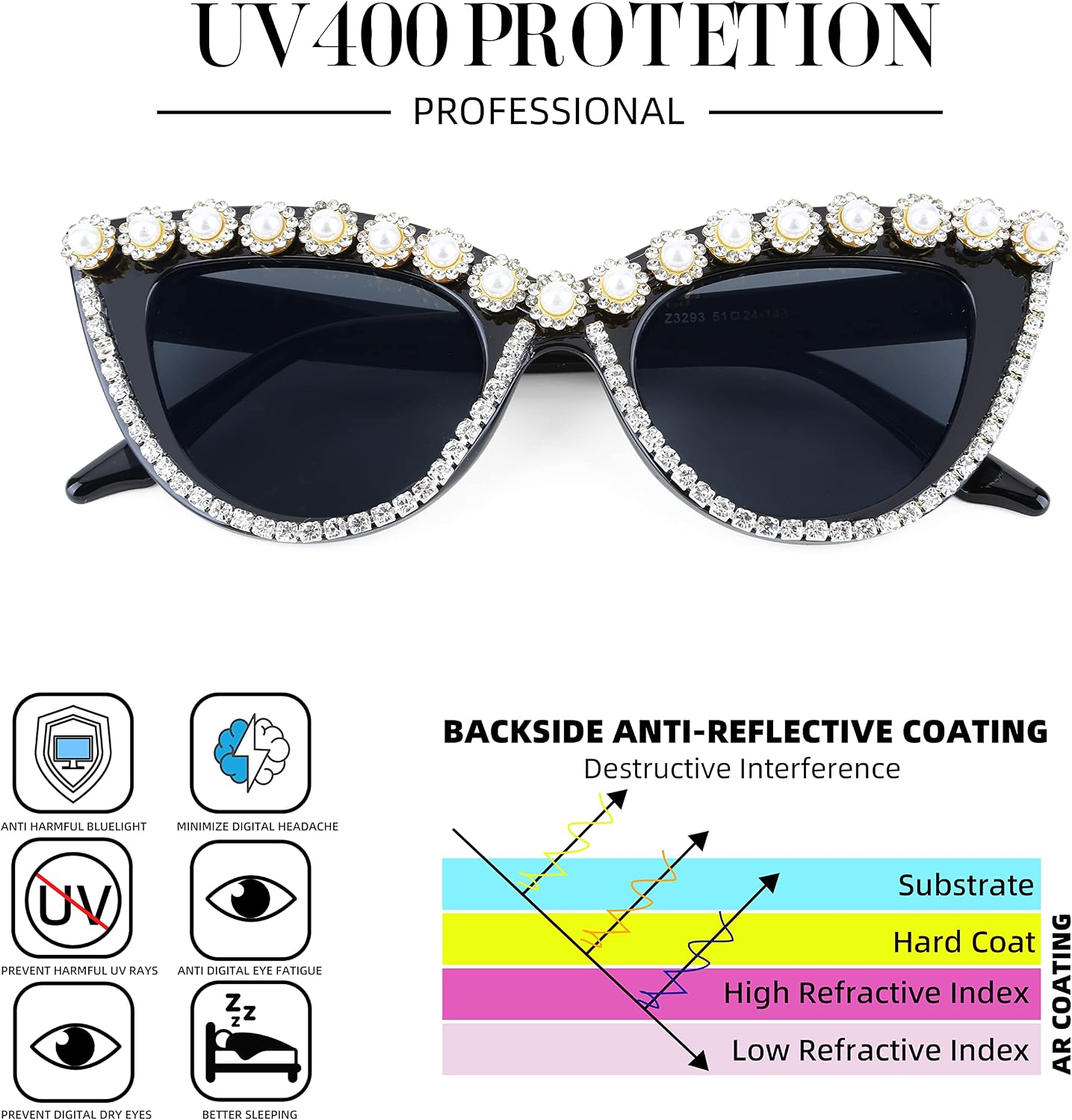 商品图片 37 | B0BZ7YMM4F | FEISEDY Oversized Women Cat Eye Rhinestone Sunglasses Costume Party B2360