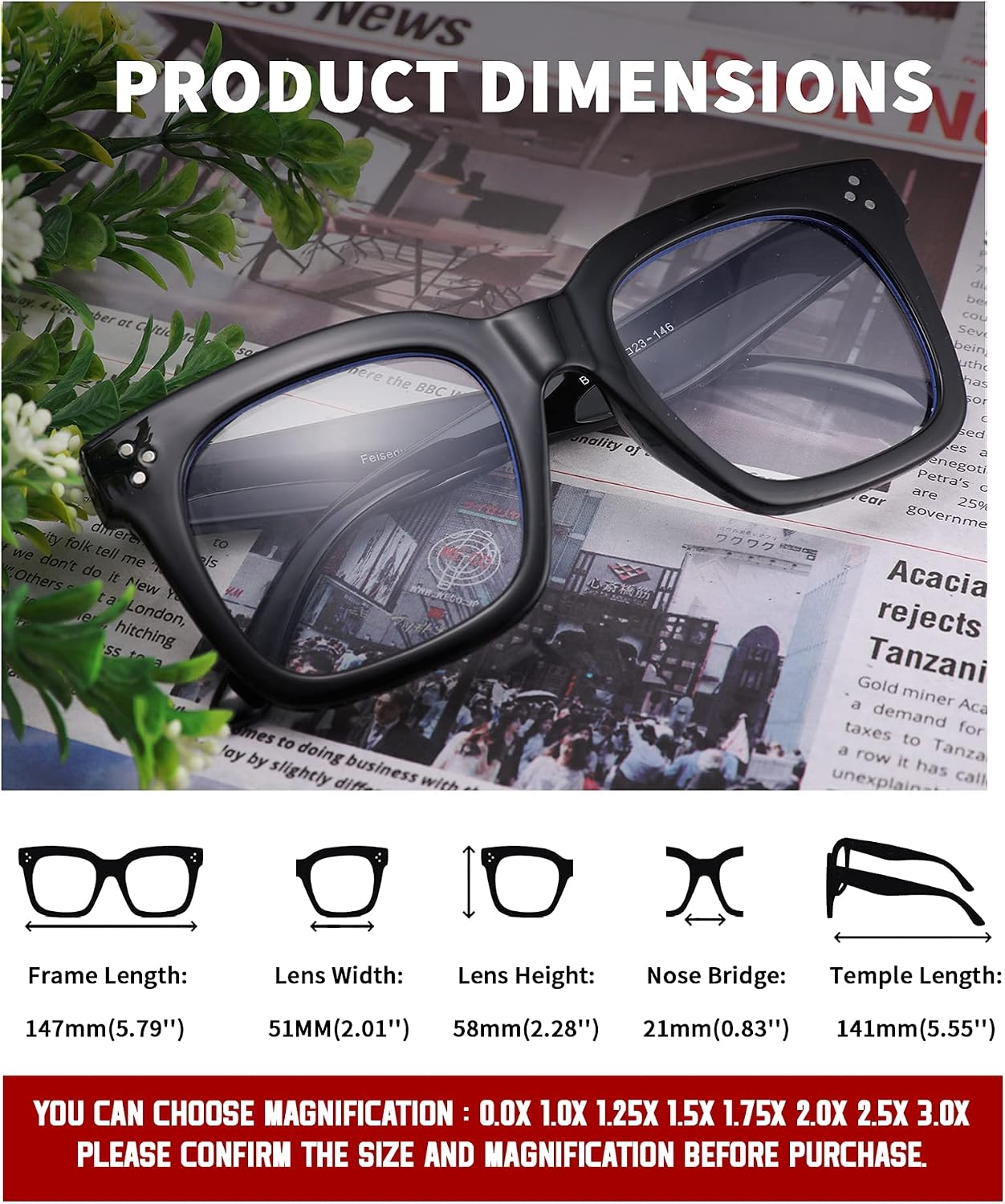 商品图片 3 | B08ZMQ47KD | FEISEDY Blue Light Blocking Reading Glasses Oversized Readers Designer Luxury Square Eyewear Frame B2695FR