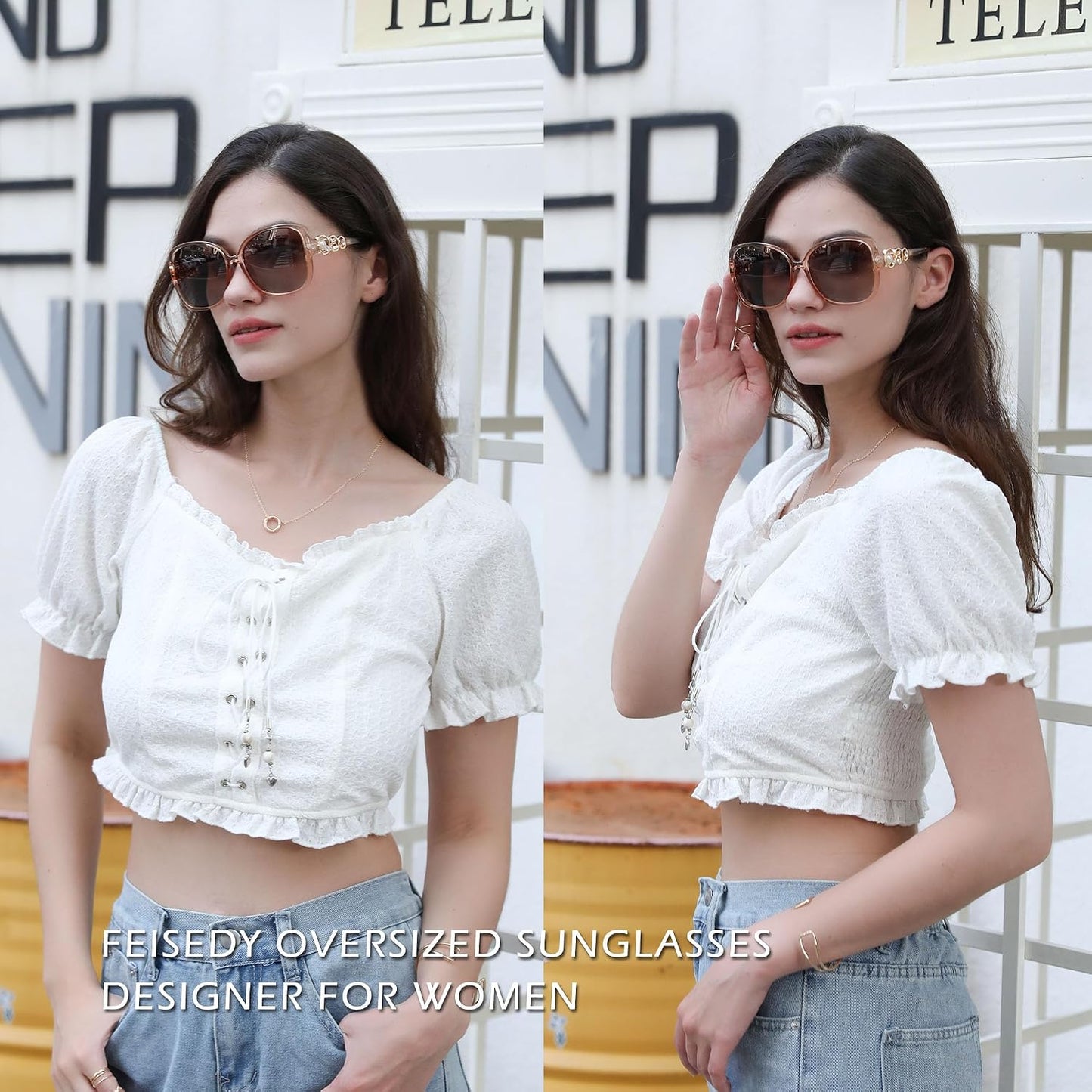商品图片 34 | B0BJ71VZCB | FEISEDY Women's Fashion Sunglasses, Oversized Square Frame with Pearl Sparkling, Polarized UV Protection B2821