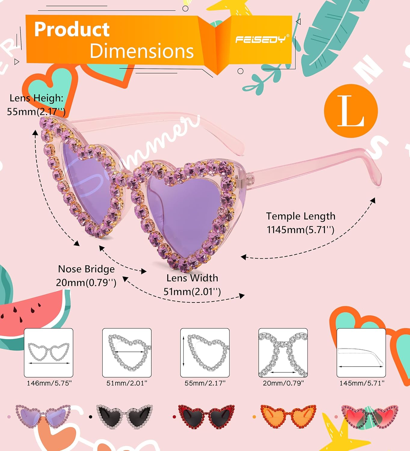 商品图片 4 | B0CDXC8YD5 | FEISEDY Heart Shaped Sunglasses for Women, Trendy Diamond Love Eyeglasses Fashion, Crystal Trim Jeweled Frame Party B2318
