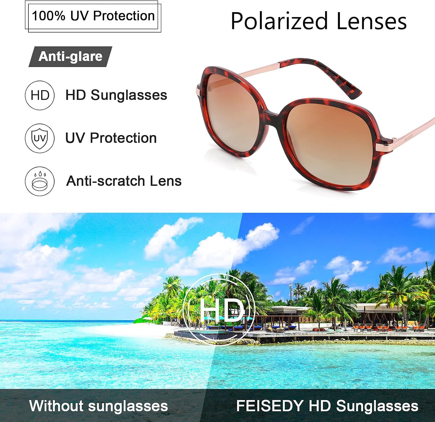 商品图片 11 | B08QDD5B67 | FEISEDY Classic Womens Elegant Polarized Sunglasses Ladies Wide Square Sunglasses Shades B2683