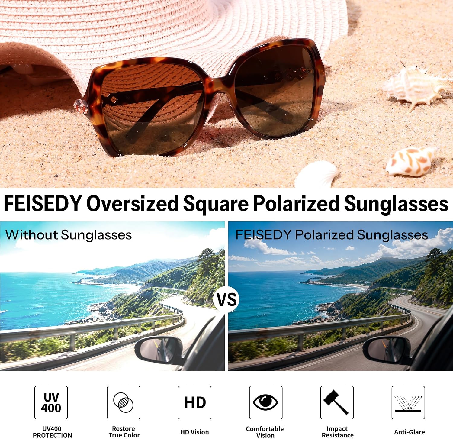 商品图片 17 | B0H8N95LQC | FEISEDY Retro Polarized Sunglasses for Women Chunky Square Frame B0464