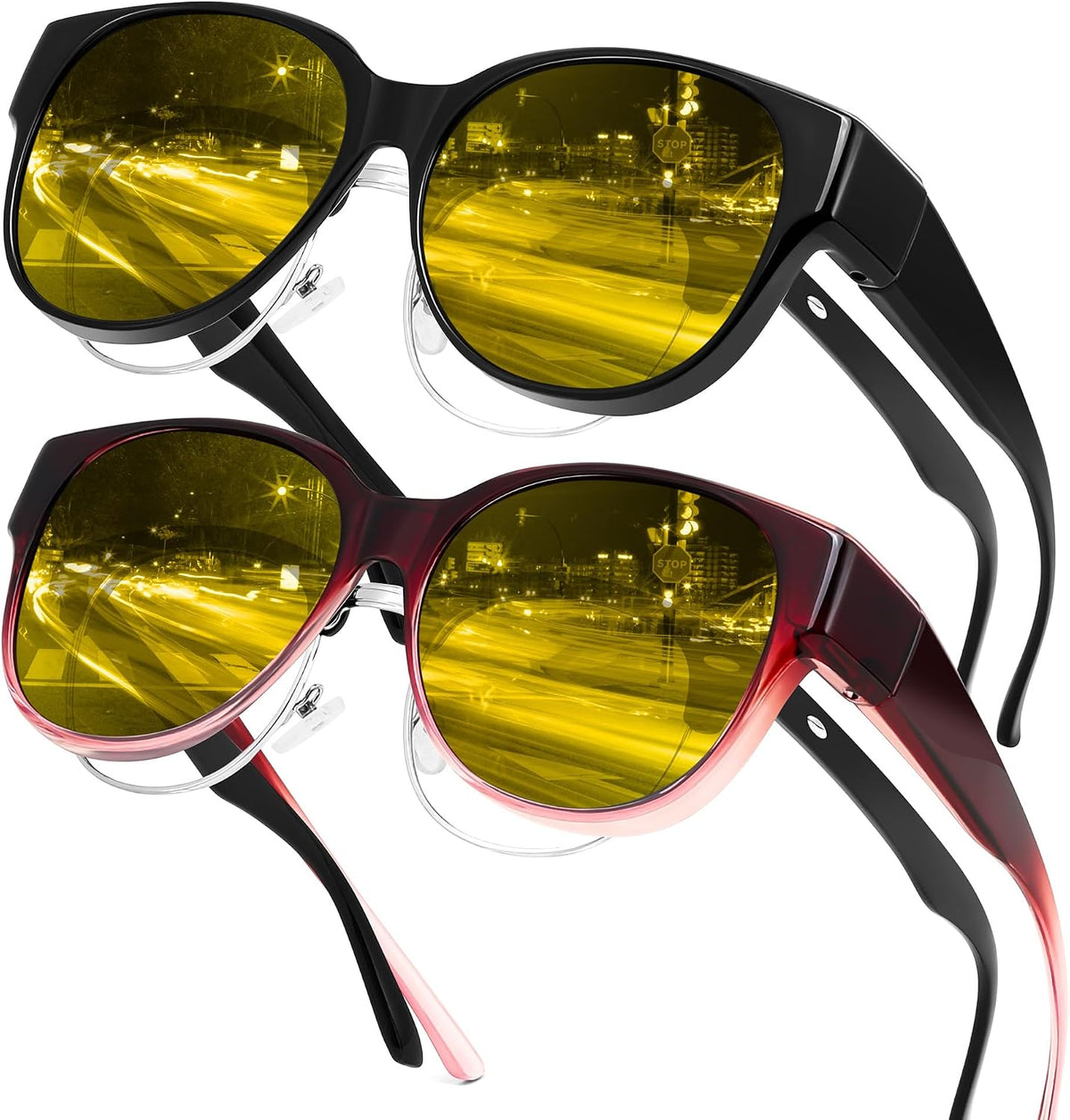 Gradual Wine Red Frame + Black Frame / 55 Millimeters | B0FX4MBGP9 | FEISEDY 2Pack Night Driving Glasses Over Glasses with Yellow Lenses Fit Over Polarized Nighttime Sunglasses B0331