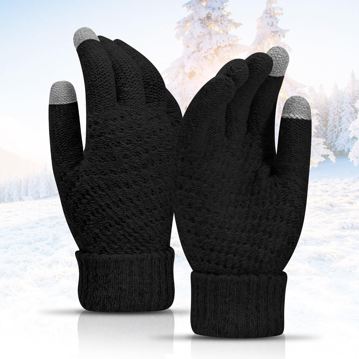 One Size / Black | B0FQTZCSVS | Winter Gloves for Women Men - Knit Touchscreen Gloves, Fleece-Lined Thermal Gloves Fashionable Warm