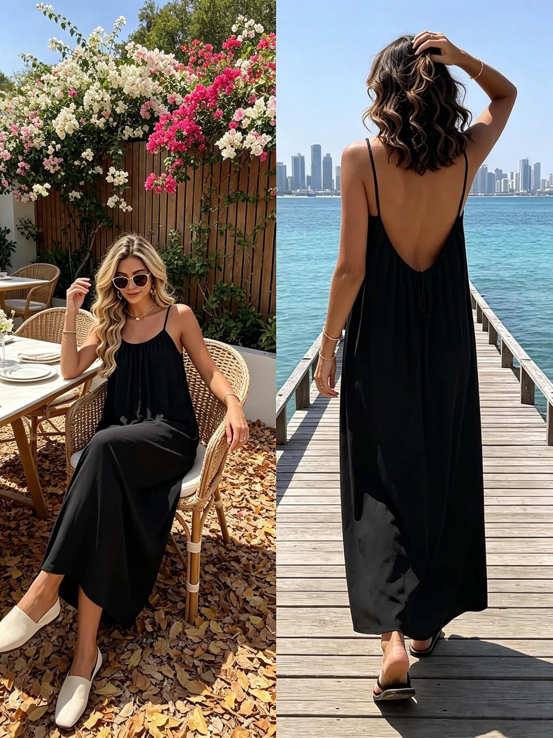 商品图片 5 | B0H2HQ8H7S | Women's Black Backless Maxi Dress, Spaghetti Strap Flowy Summer Casual Vacation Beach Sundress Size S-L
