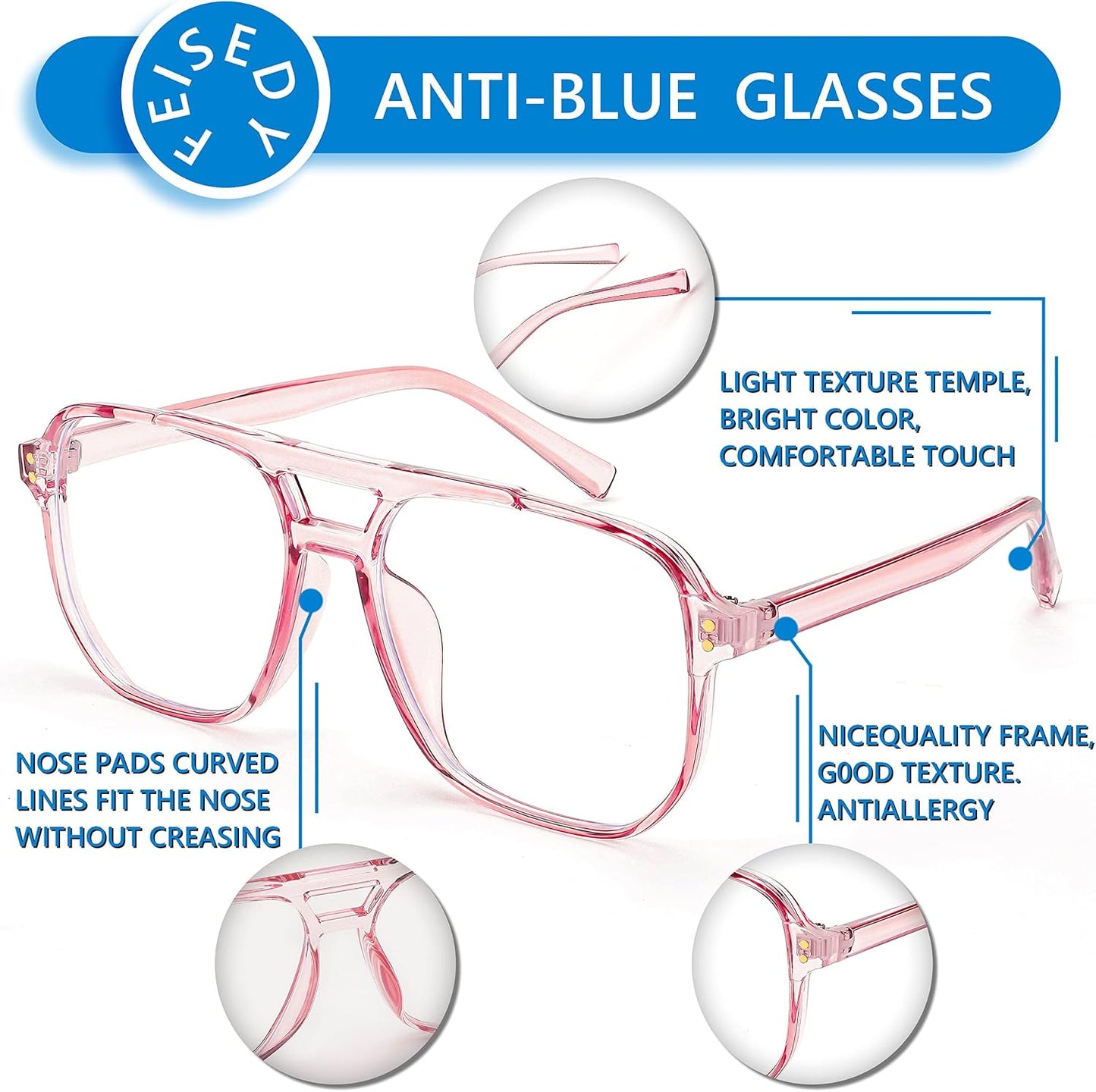 商品图片 27 | B0C6ZZXZ3F | FEISEDY Blue Light Glasses for Women Men Oversized Pilot Lightweight B2866