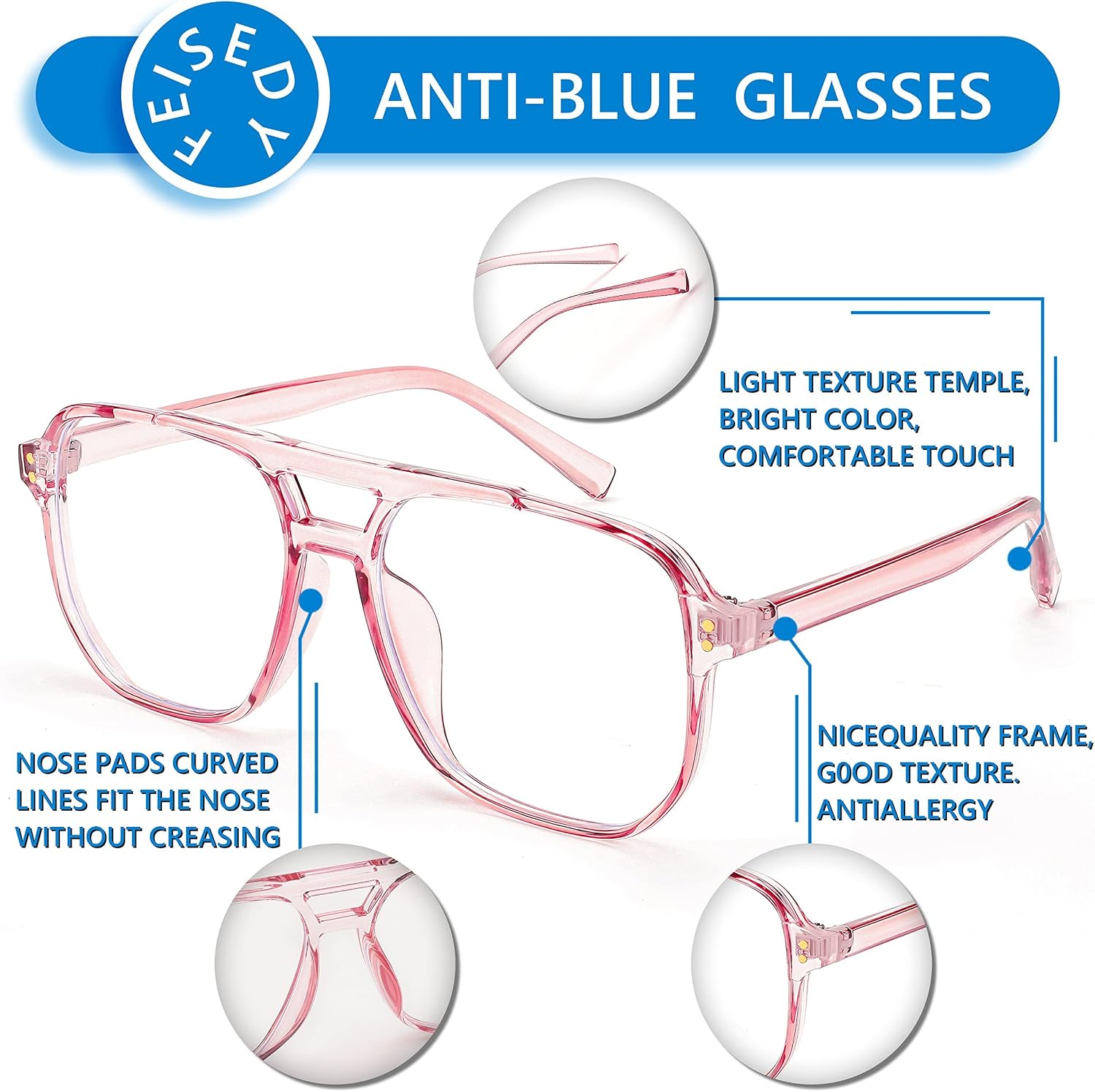 商品图片 27 | B0C6ZZXZ3F | FEISEDY Blue Light Glasses for Women Men Oversized Pilot Lightweight B2866