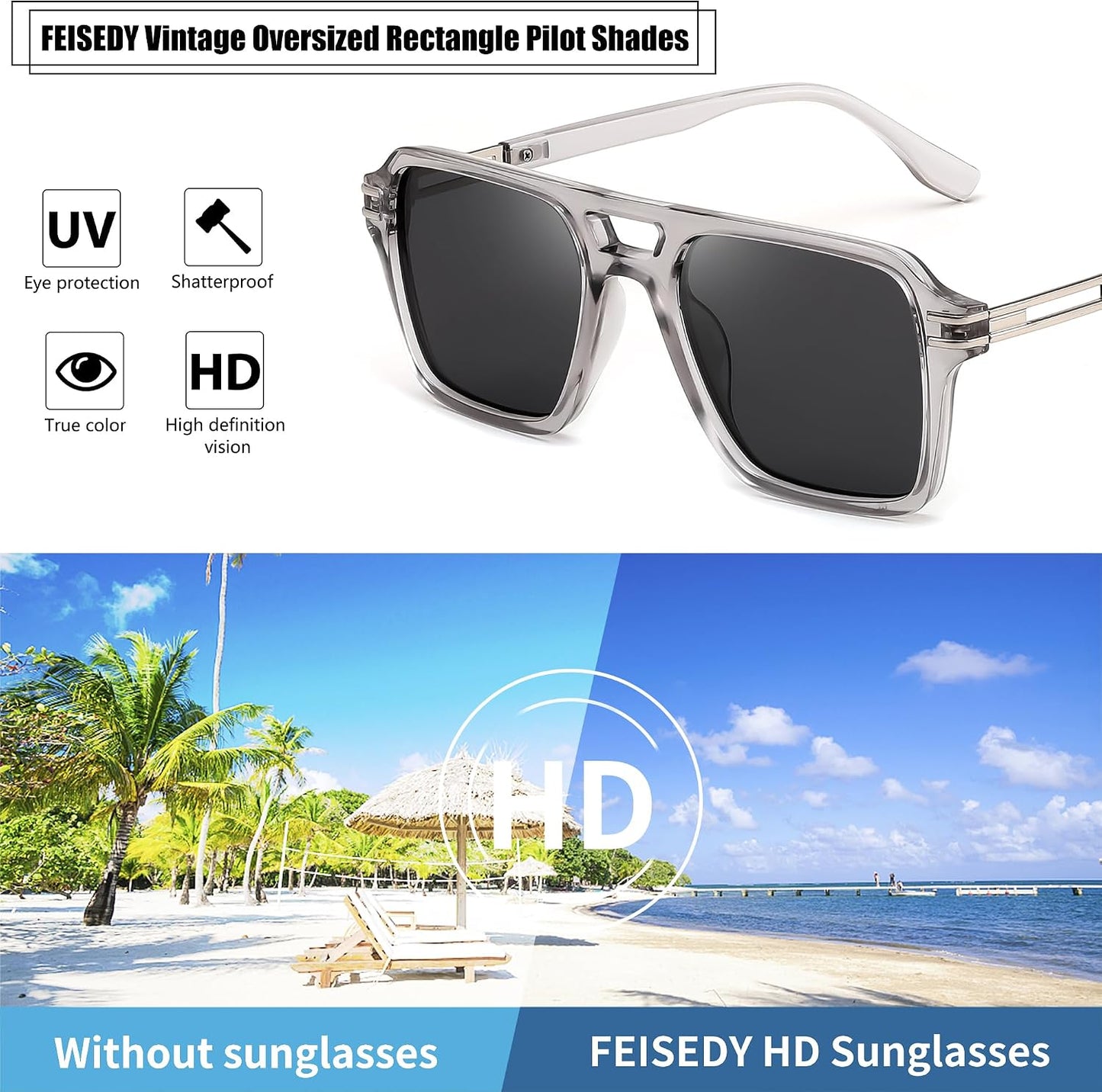 商品图片 16 | B0GVNPDBZQ | FEISEDY Retro Aviator Sunglasses Women Men 70s Trendy Square Shades B0422