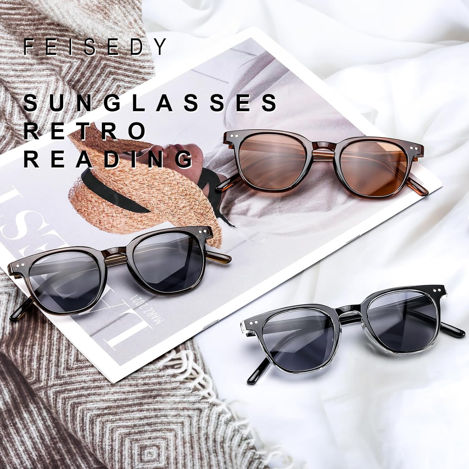 商品图片 8 | B0CSNK73XH | FEISEDY Round Reading Sunglasses for Men and Women Stylish Blue Light Blocking Readers B0113
