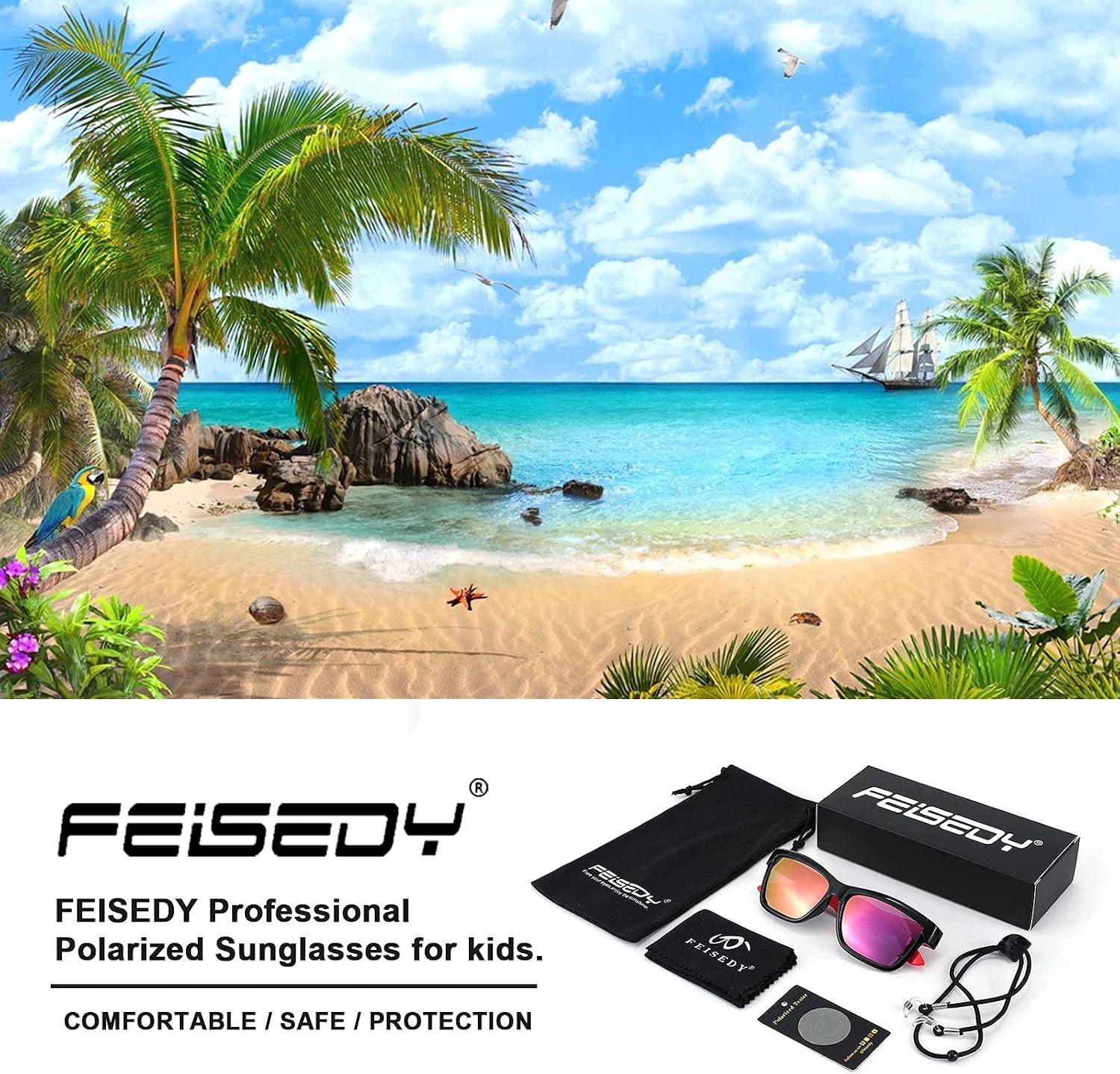 商品图片 7 | B09DPRG862 | FEISEDY Kids Sunglasses UV400 Protection Polarized Lenses Boys Girls Age 3-9 TPEE Rubber Square Flexible Shades B2806