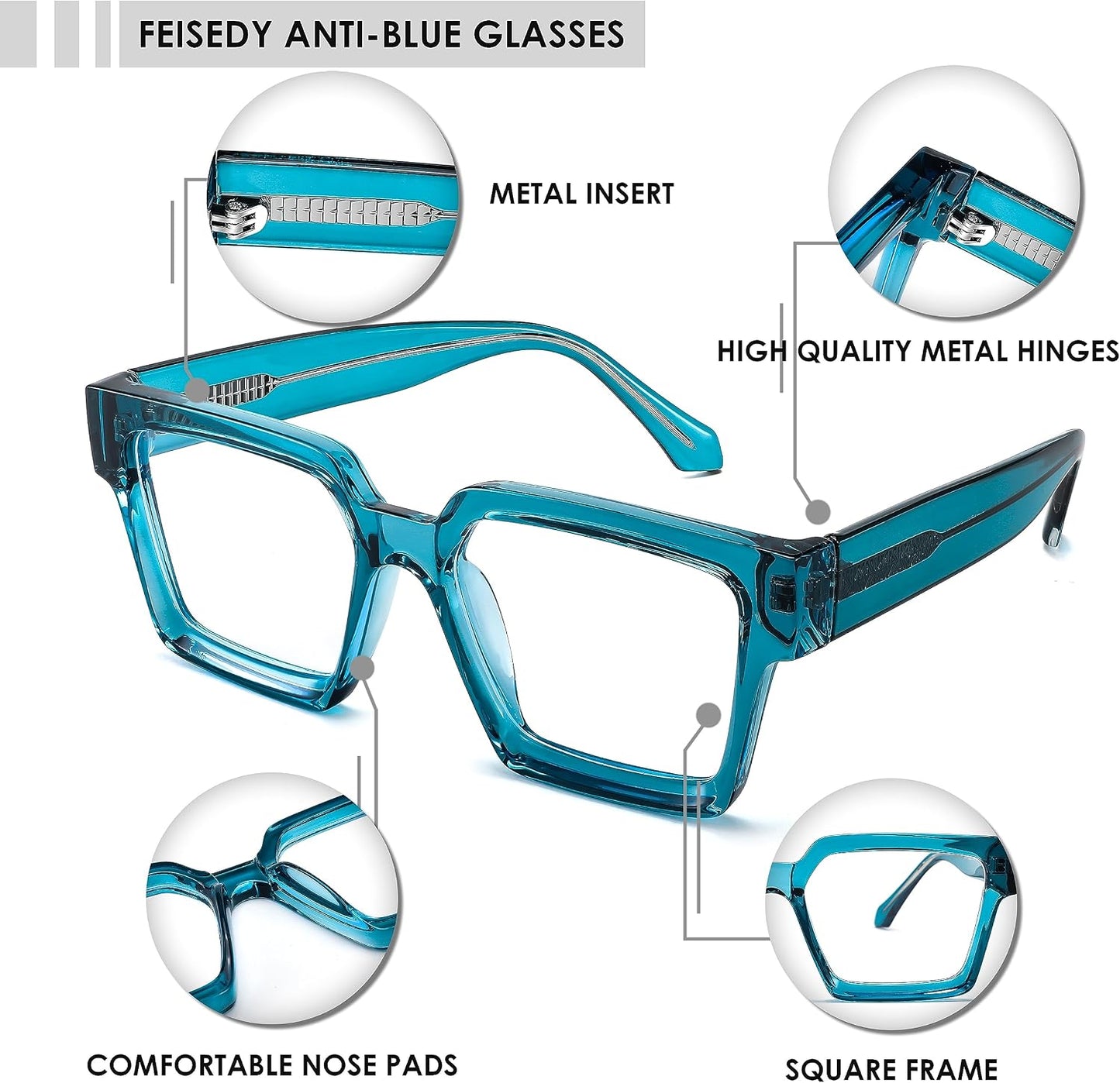 商品图片 5 | B0CDBH37B5 | FEISEDY Oversized Blue Light Glasses for Women Men TR90 Retro Square Anti Eyestrain Glasses Rectangle Fashion Frame B0037