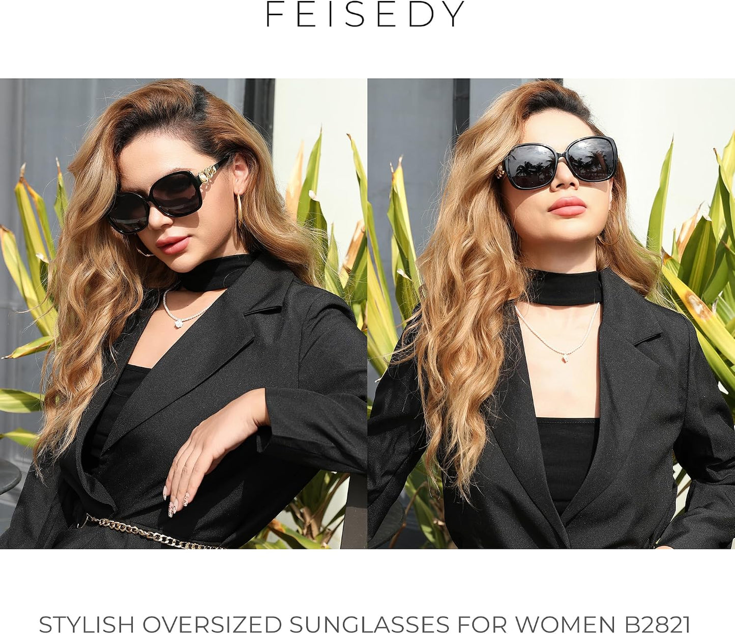 商品图片 3 | B0BJ71VZCB | FEISEDY Women's Fashion Sunglasses, Oversized Square Frame with Pearl Sparkling, Polarized UV Protection B2821