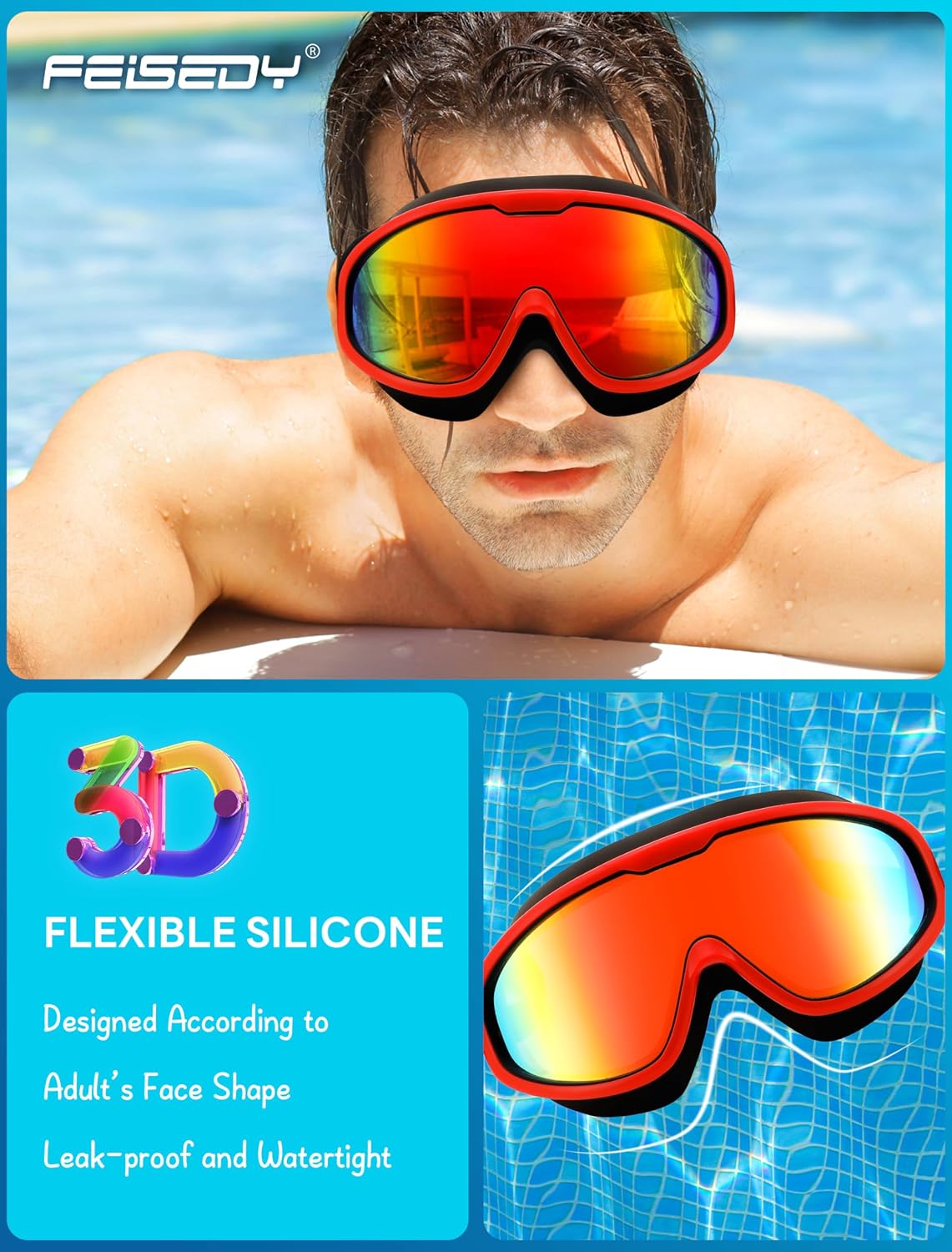商品图片 20 | B0BWF3RZK7 | FEISEDY Swim Goggles No Leaking Anti-Fog Pool Goggles Swimming Goggles Adult Men Women Youth, 180° Clear Vision UV400 B2389
