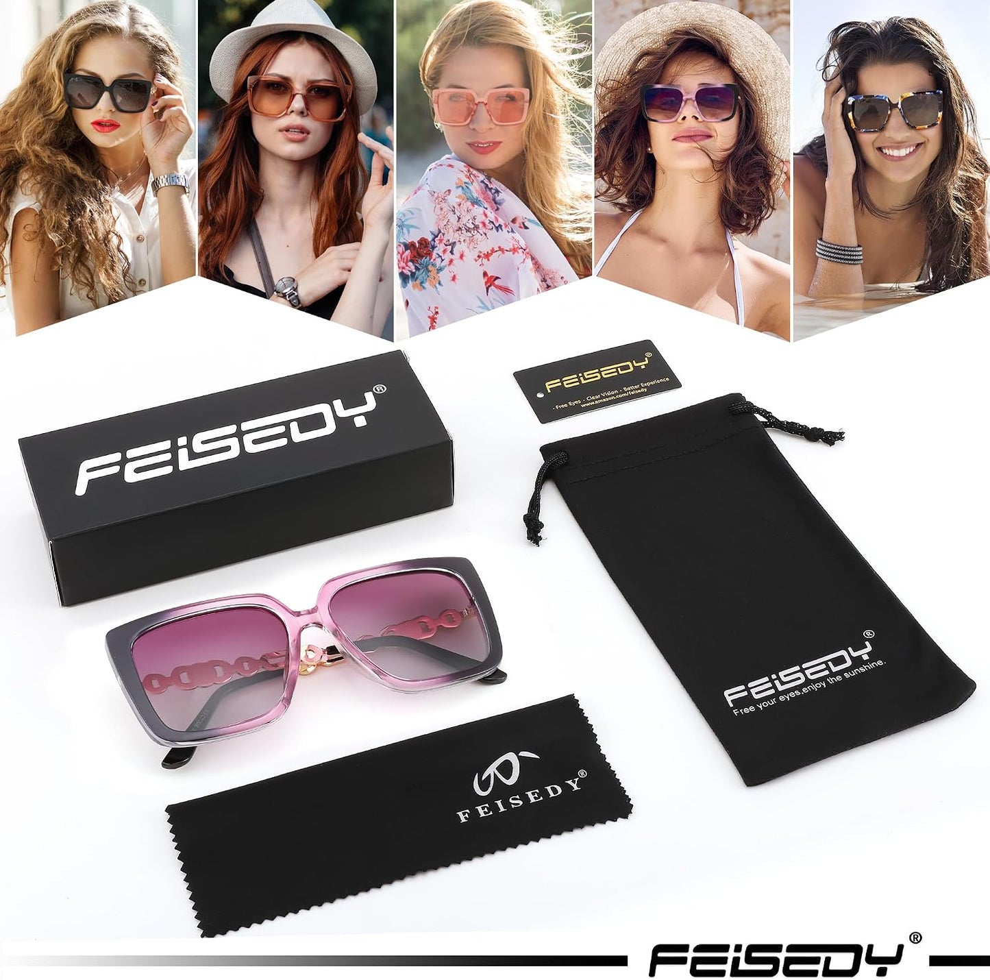 商品图片 41 | B08HVPGJW5 | FEISEDY Sunglasses Womens Trendy, Oversized Square Shades, Pearl Inlay Cat Eye Frame UV400 Protection B2625