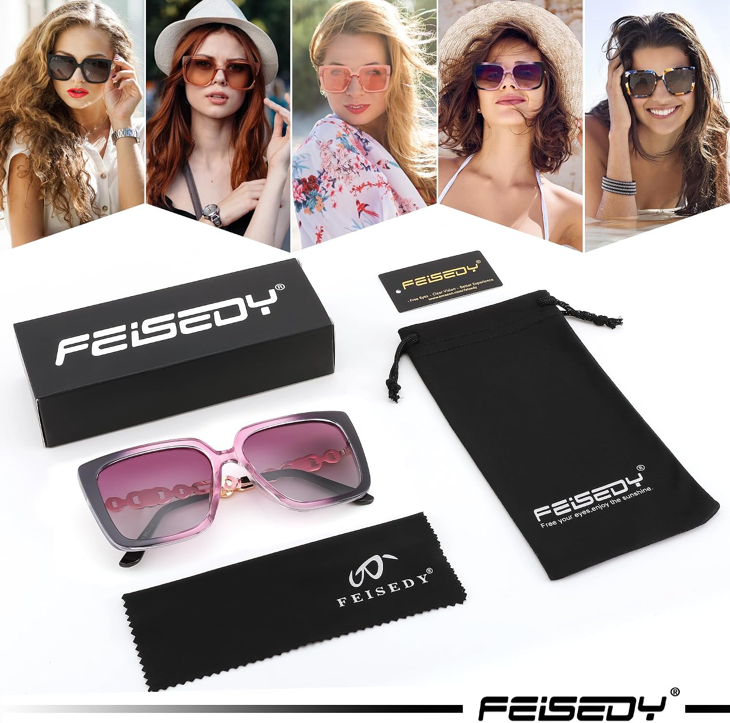 商品图片 41 | B08HVPGJW5 | FEISEDY Sunglasses Womens Trendy, Oversized Square Shades, Pearl Inlay Cat Eye Frame UV400 Protection B2625