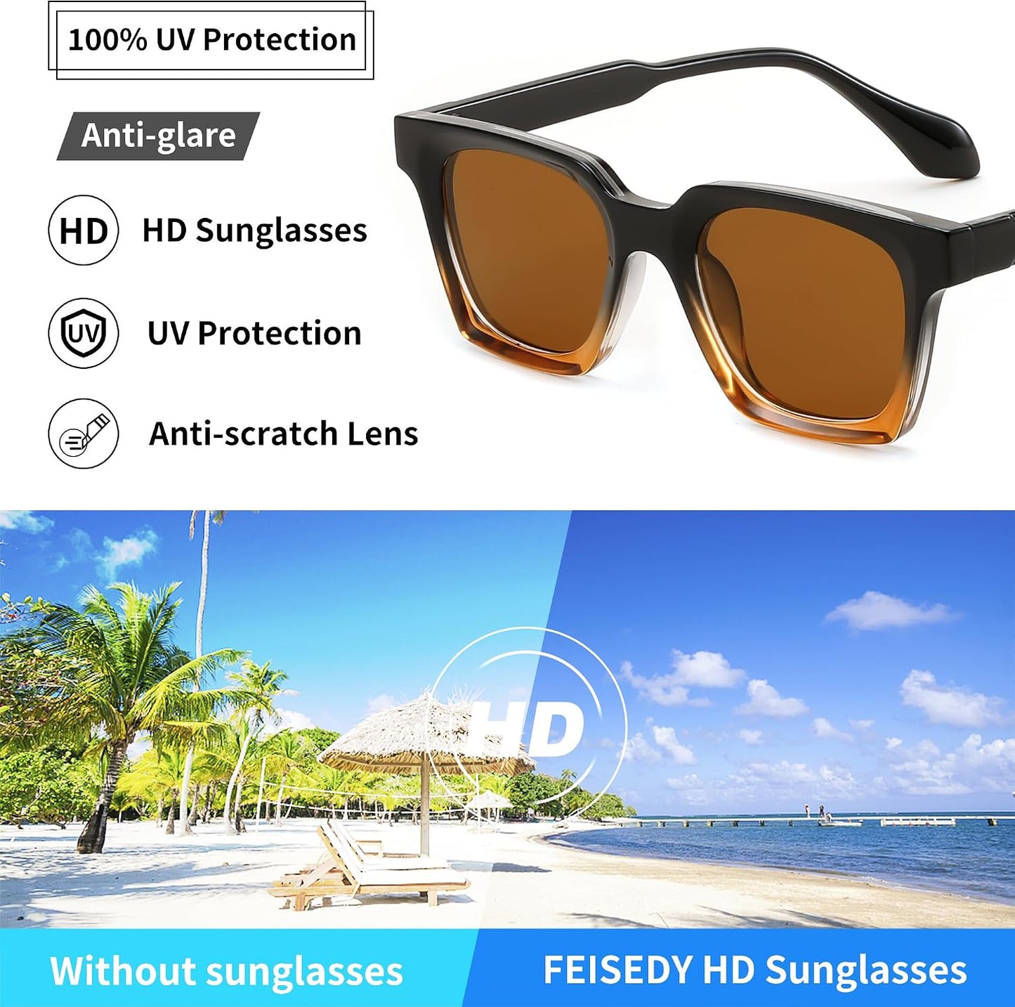 商品图片 20 | B0D7CC769X | FEISEDY Retro Square Sunglasses Women Men Trendy Rectangle Thick Frame Shades Classic Designer Sun Glasses B0198