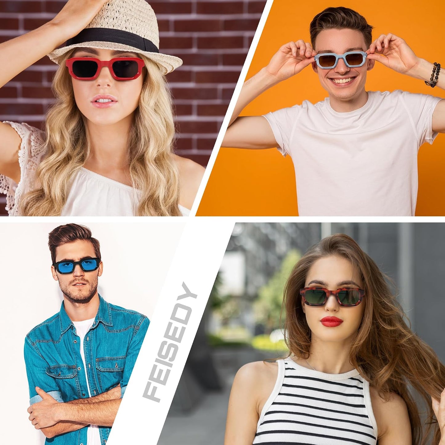 商品图片 6 | B0D7H6TB3G | FEISEDY Retro Small Rectangle Sunglasses Women Men Fashion Thick Frame Chunky Square Shades B0202