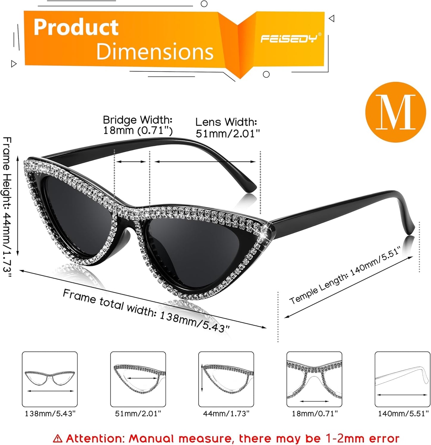 商品图片 48 | B0BZ7YMM4F | FEISEDY Oversized Women Cat Eye Rhinestone Sunglasses Costume Party B2360