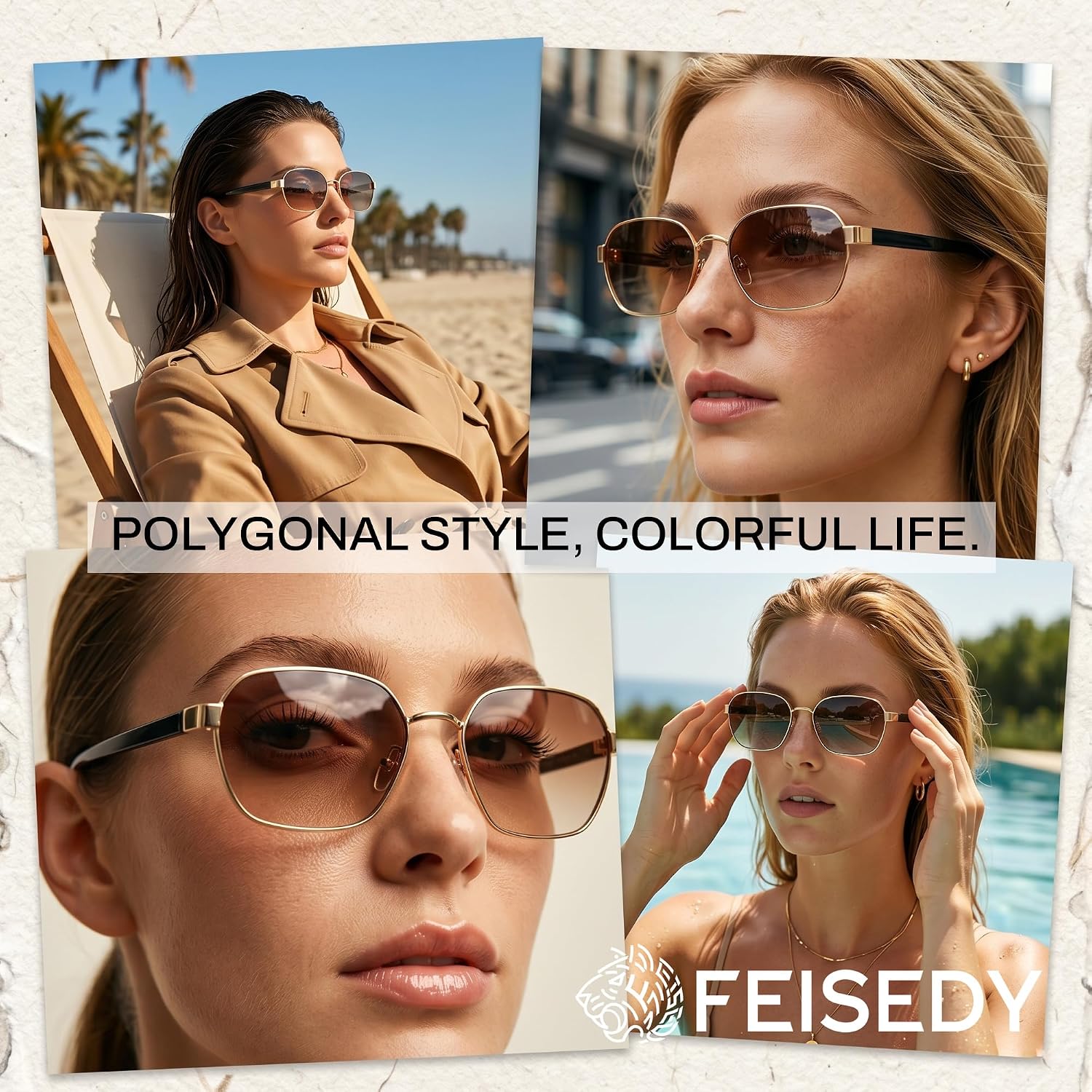 商品图片 3 | B0GY42ZV46 | FEISEDY Women and Men UV400 Protection Sunglasses, Polygon Square Metal Frame Retro Stylish Shades B0452