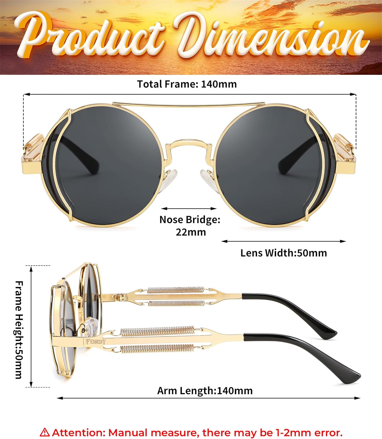 商品图片 25 | B0BD4MSMZQ | FEISEDY Aviator Sunglasses for Men Women Steampunk Round Metal Frame B2351