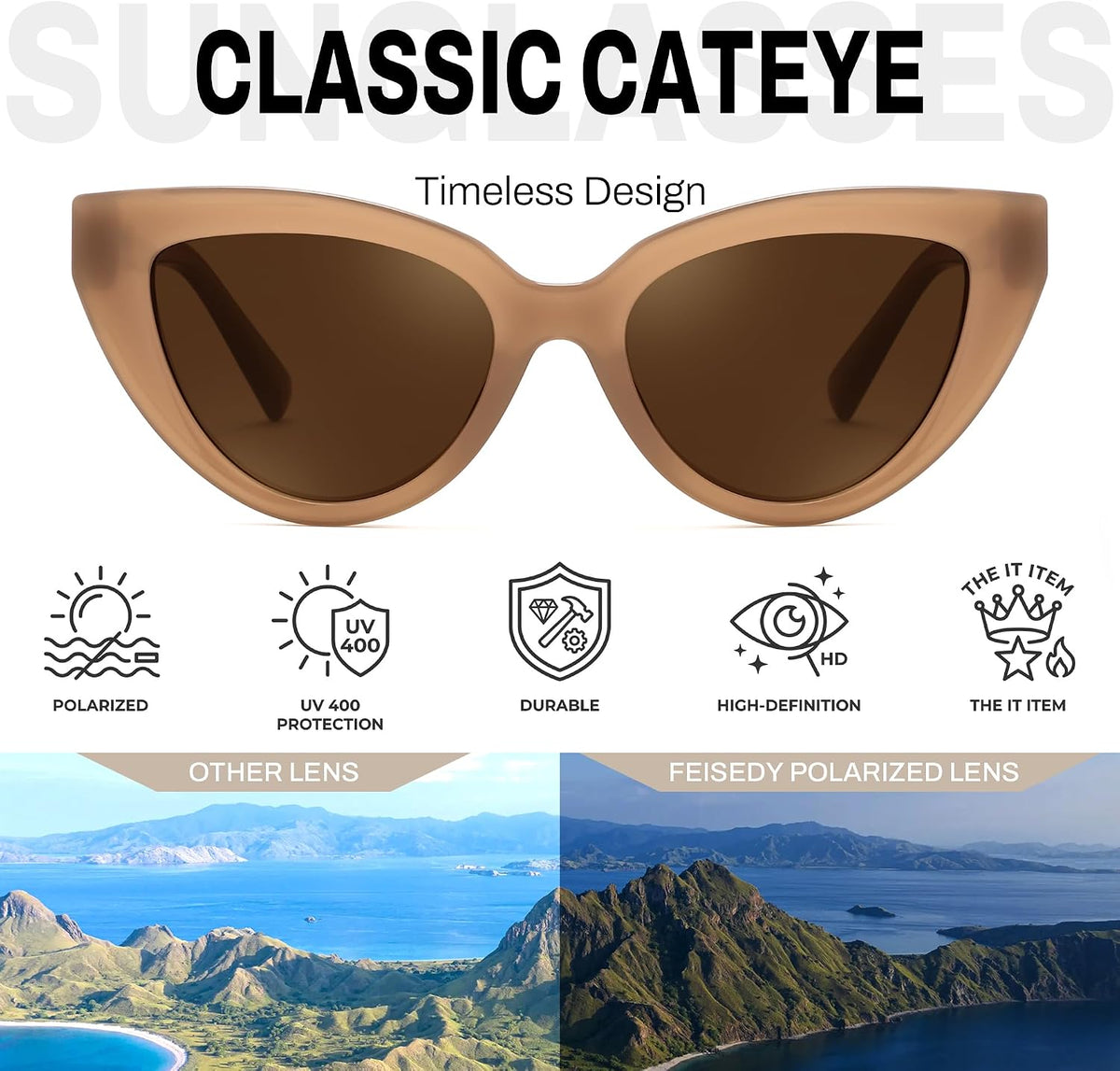 商品图片 10 | B0GVF3CZ9N | FEISEDY Cat eye Sunglasses Polarized and Retro Stylish for Women Men B0428 | UV400 Protection, for Driving Fishing Beach Travel and Party, Metal Accents, Versatile Styling