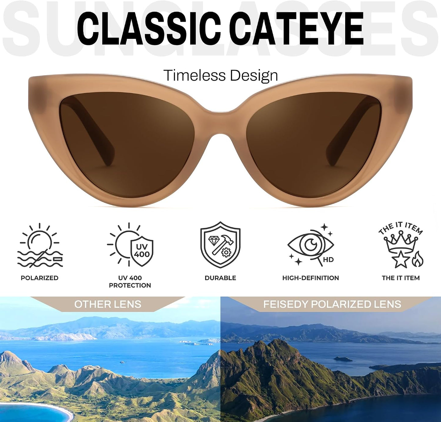 商品图片 10 | B0GVF3CZ9N | FEISEDY Cat eye Sunglasses Polarized and Retro Stylish for Women Men B0428 | UV400 Protection, for Driving Fishing Beach Travel and Party, Metal Accents, Versatile Styling