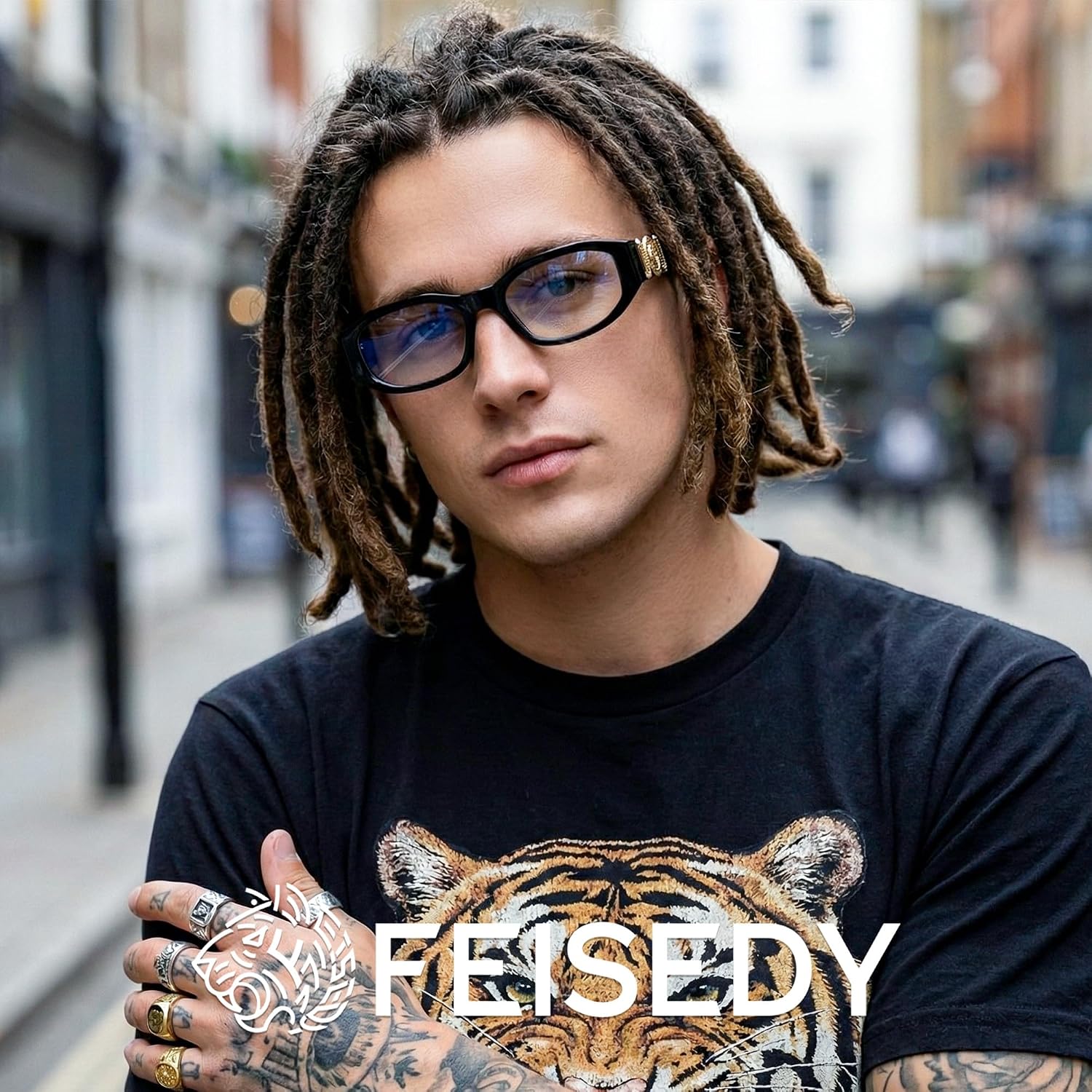 商品图片 3 | B0G34Q5S98 | FEISEDY Retro Trendy Narrow Blue Light Glasses for Women Men B0316 | Vintage 90s Small Square Eyeglasses,Blue Light Blocking
