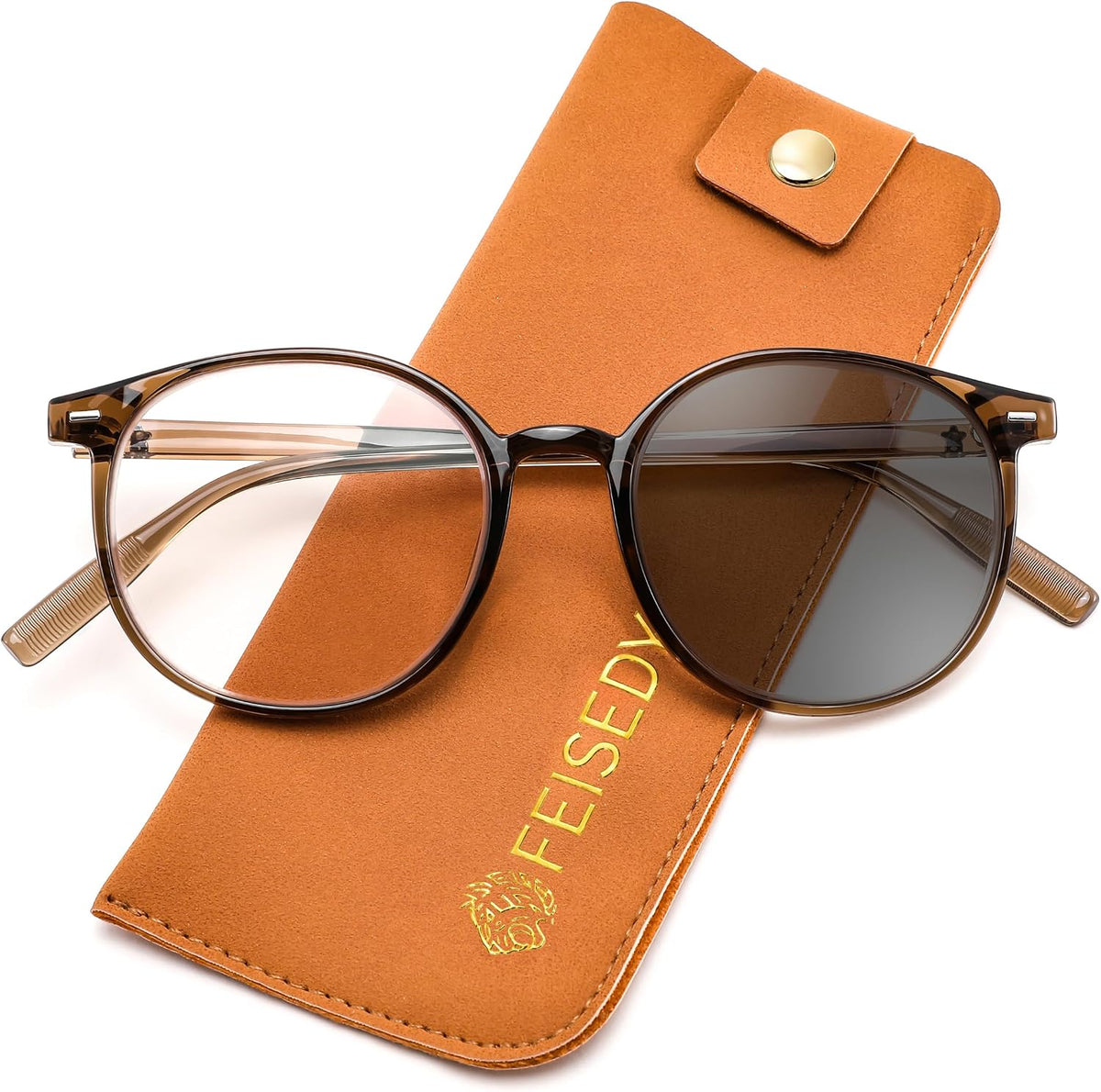 Transparent Brown/Photochromic Grey / 51 Millimeters | B0GT2QXHS1 | FEISEDY Photochromic Blue Light Blocking Glasses Fashion Women Men B1238