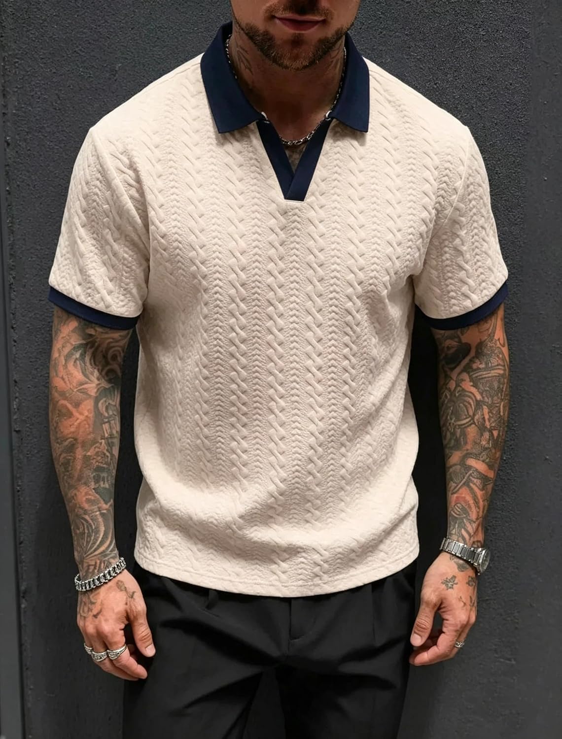 商品图片 4 | B0GXVR6TPS | Men's Casual Polo Shirts V Neck Contrast Collar Bubble Jacquard Short Sleeve Super Stretch True Classic Polos for Men