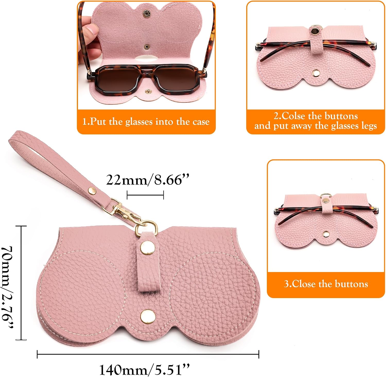 商品图片 21 | B0CFPPR4K1 | FEISEDY 2Pack Soft Leather Sunglass Bag, Portable Holder Eyeglasses Case | Lightweight Portable Design, With Button Clip Wrist Strap for Travel Daily Use B0049