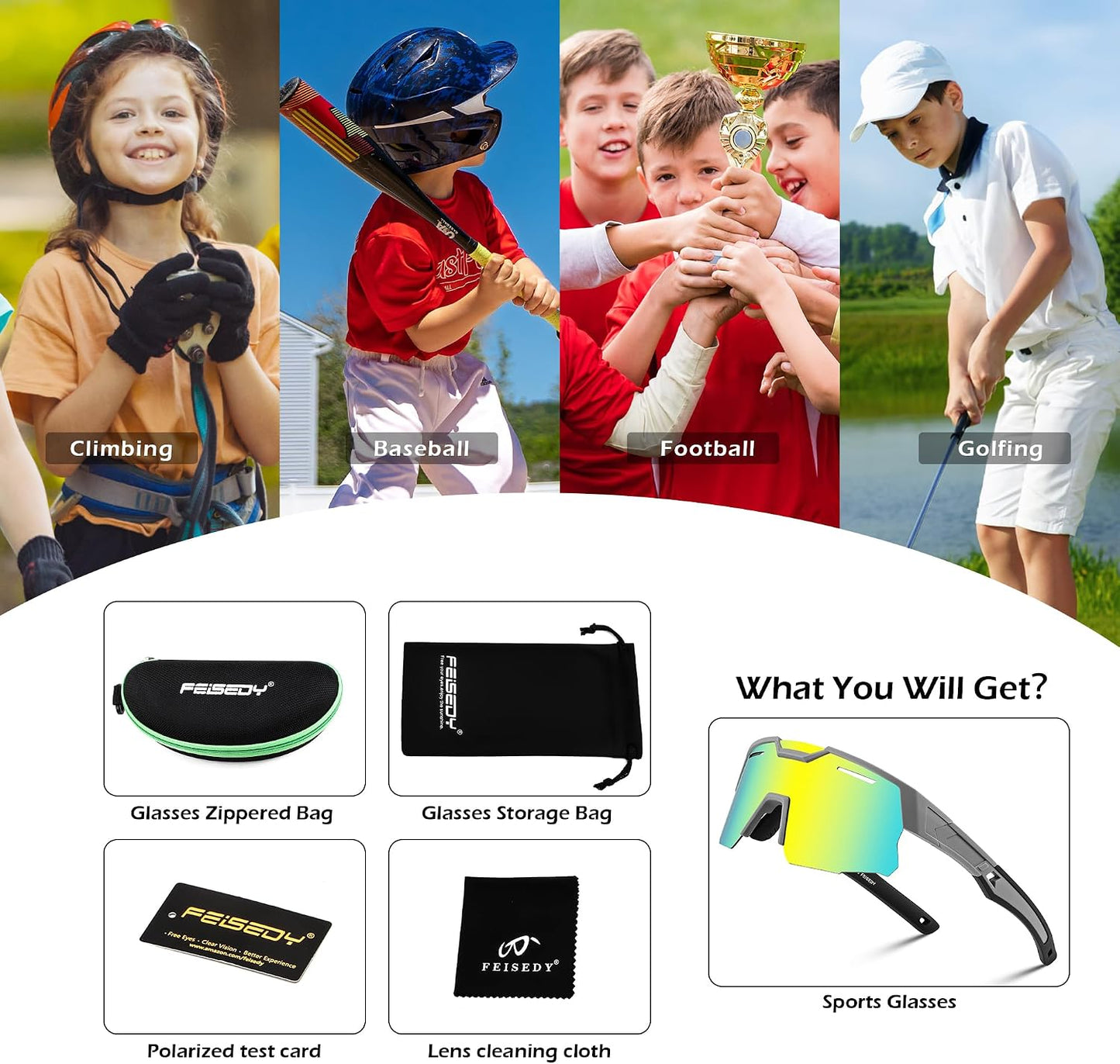 商品图片 28 | B0D78P6WRV | FEISEDY Kids Teens Baseball Polarized Sunglasses Sports Cycling Glasses for Youth Boys Girls Age 8-16 B0157