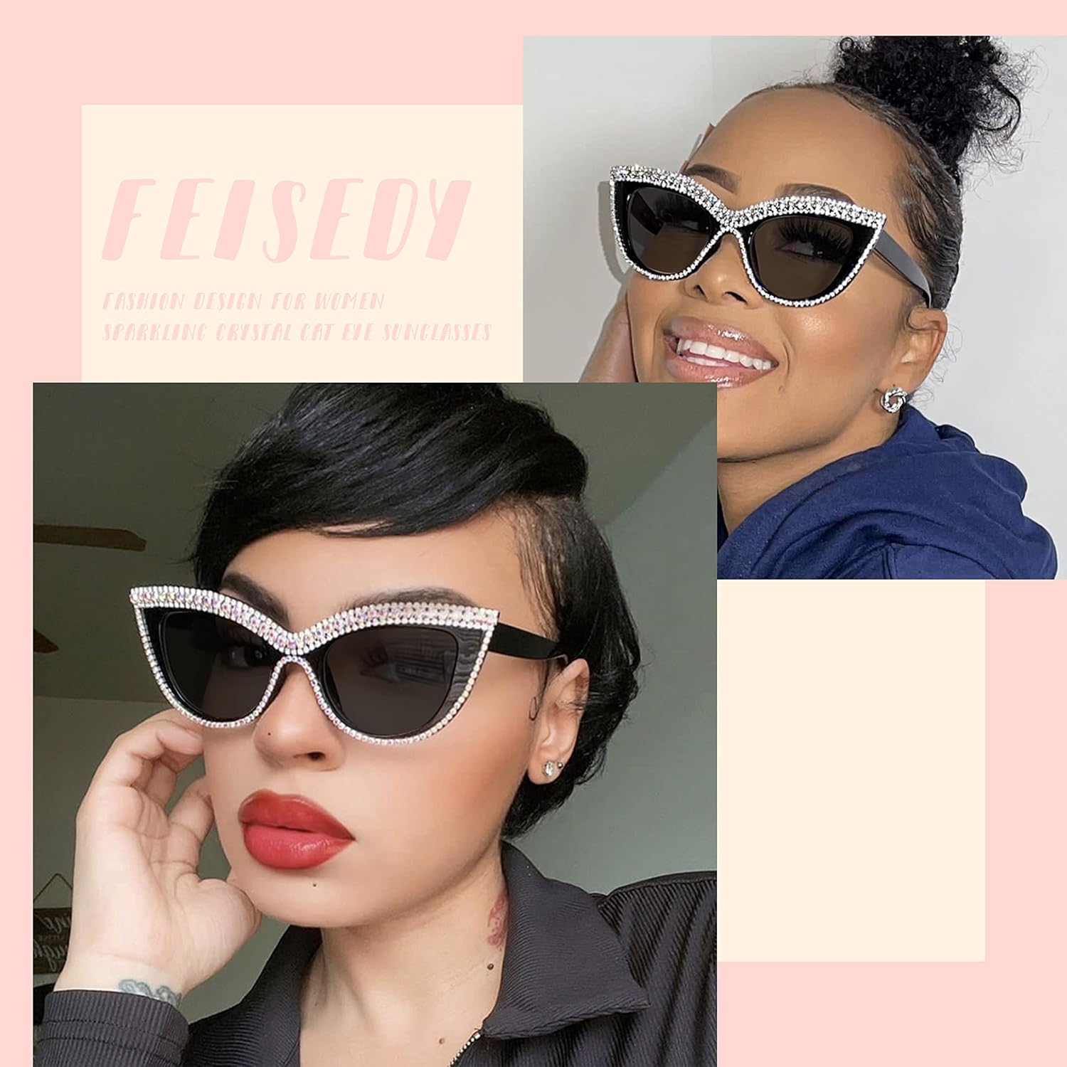 商品图片 33 | B0BZ7YMM4F | FEISEDY Oversized Women Cat Eye Rhinestone Sunglasses Costume Party B2360