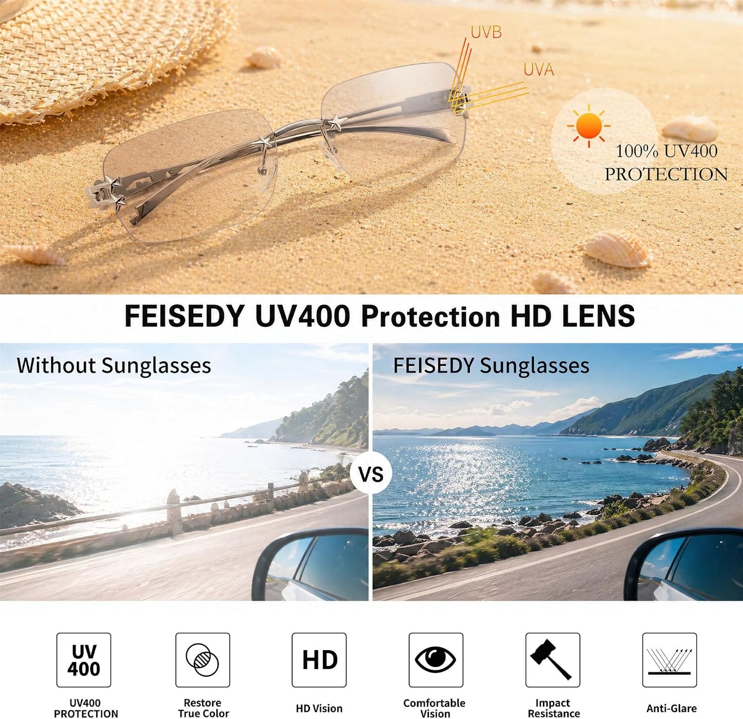商品图片 10 | B0GX6FSM23 | FEISEDY Retro Rimless Rectangle Y2K Tinted Sunglasses for Women Men B0423