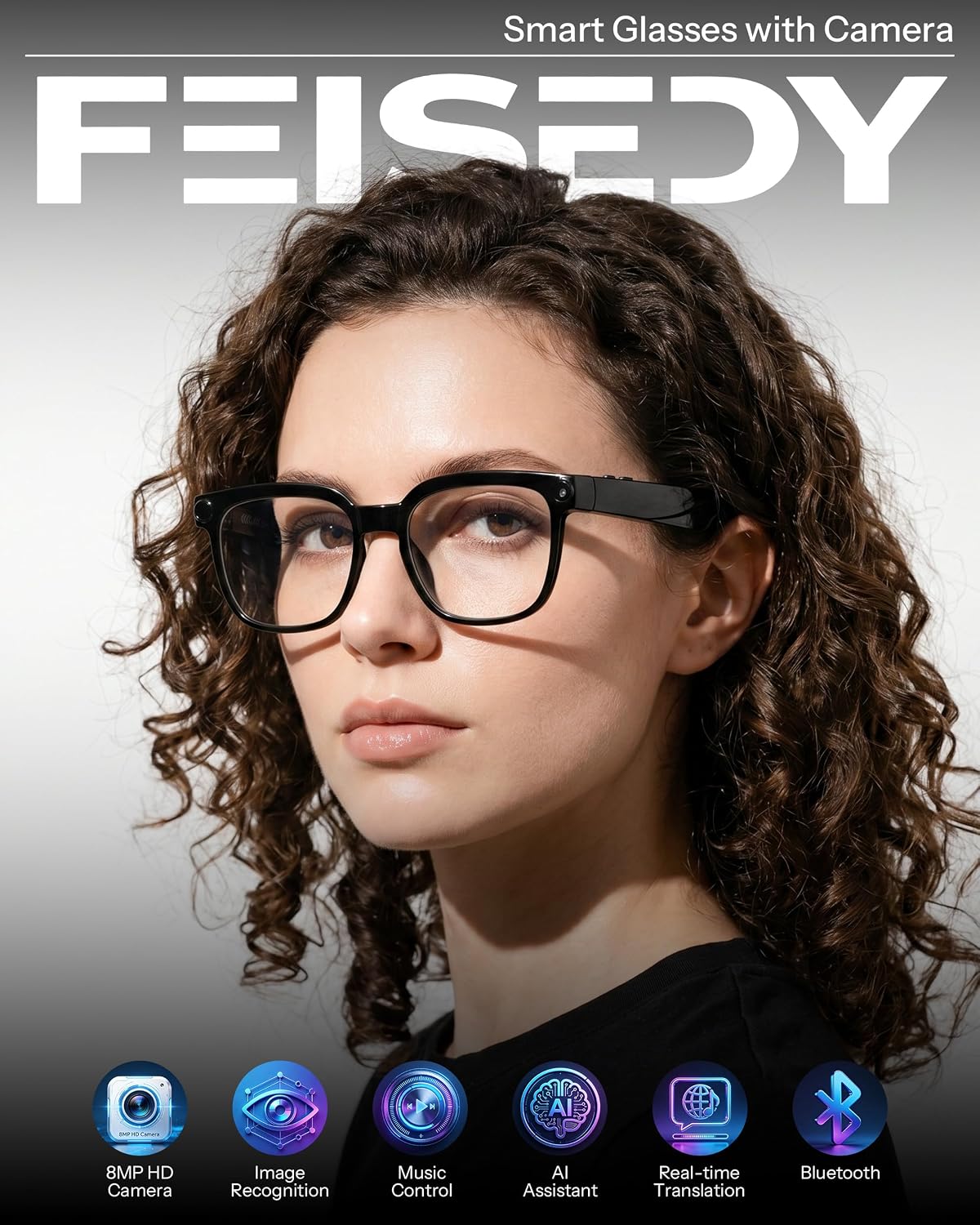 商品图片 3 | B0H6SGQRMD | FEISEDY AI Smart Glasses with Camera, Real-Time Translation&Recording, AI Assistant, Open-Ear Bluetooth Audio, Photo Capture, Smart Eyewear for Travel Business & Daily Use B1736 (Photochromic Lenses)