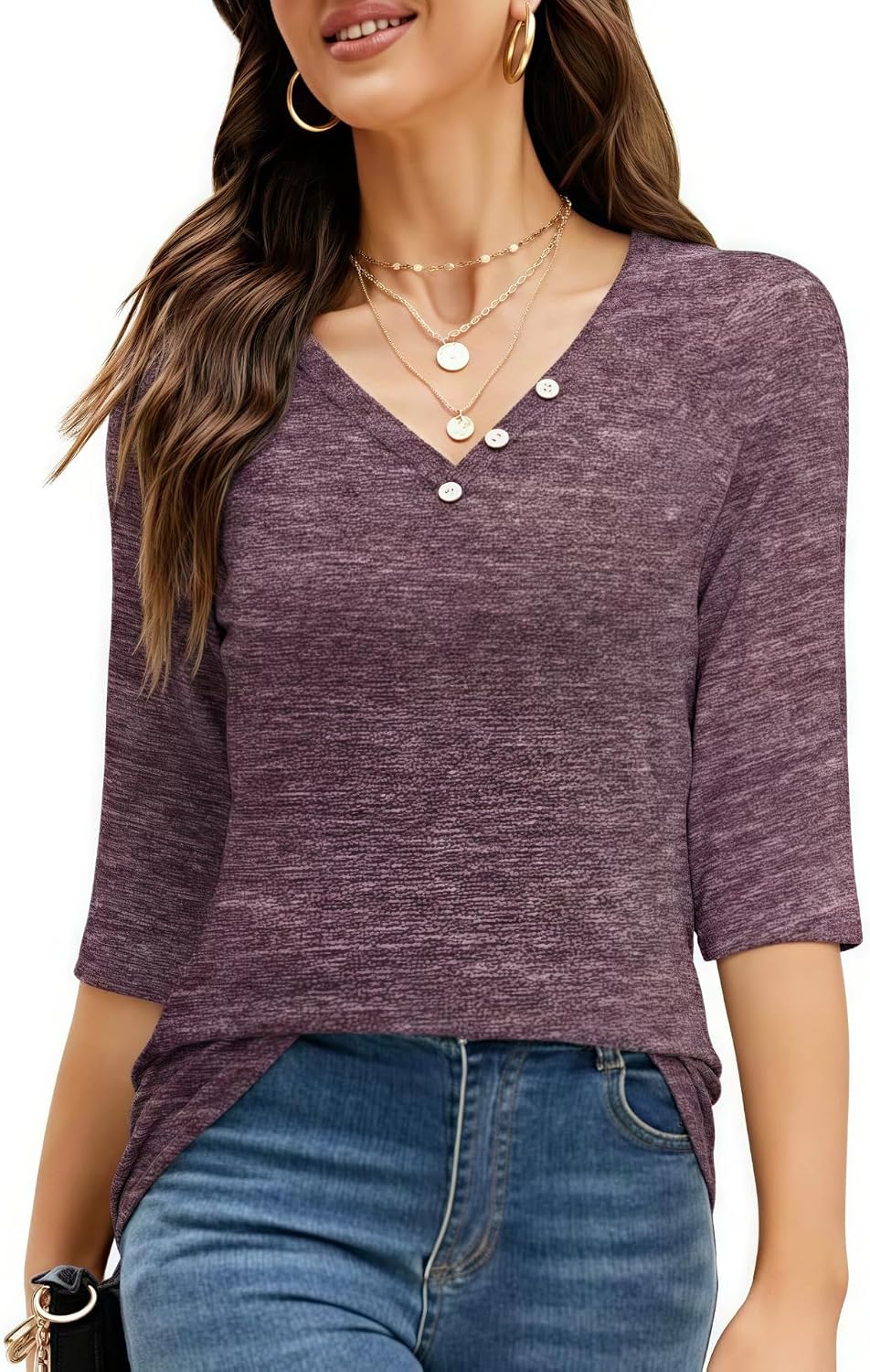Large / Purple | B0H1M1RNGT | Women's 3/4 Sleeve V Neck Raglan Tunic Tops Button Detail Dressy Casual Business Blouses 2026 Spring Summer Shirts