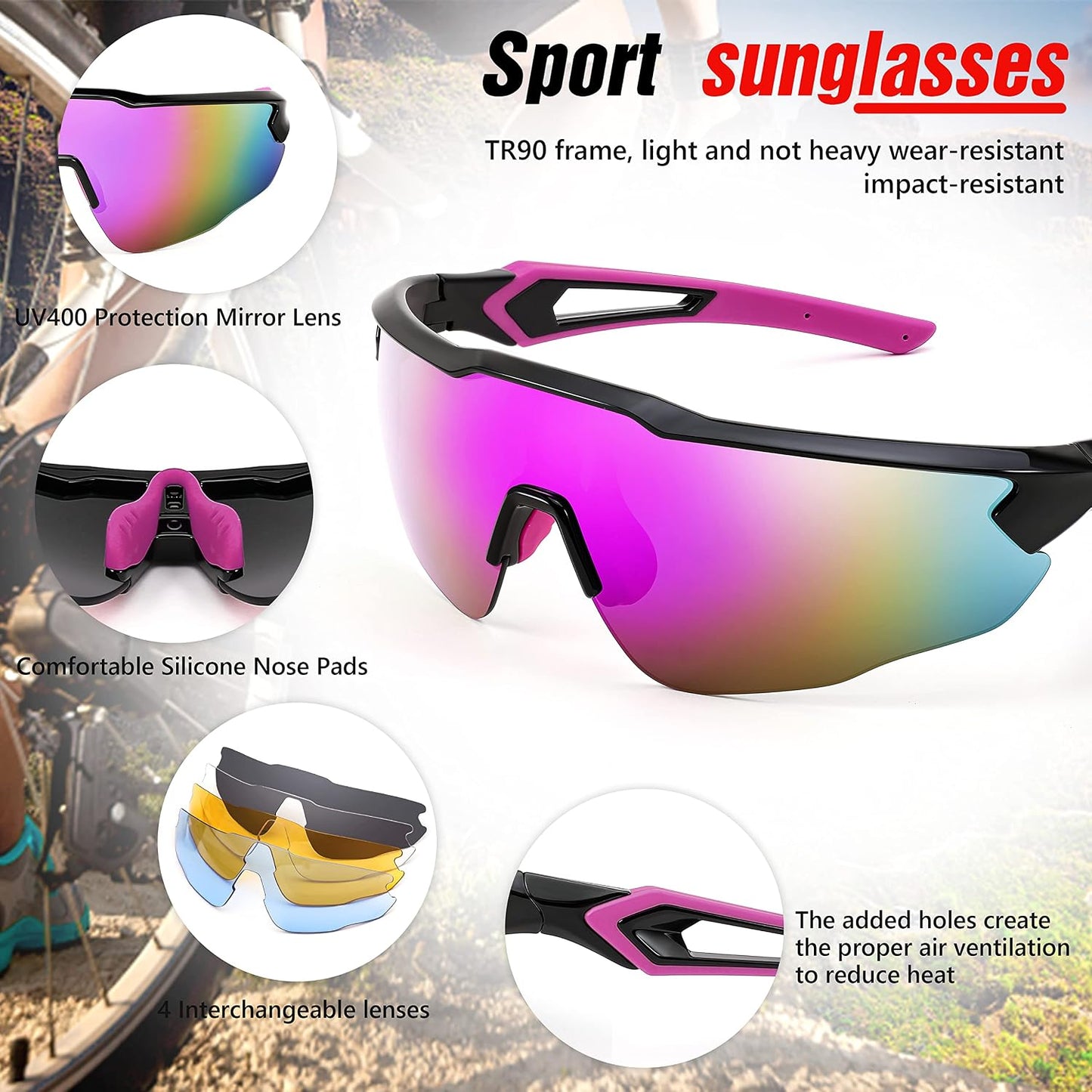 商品图片 27 | B0B2WDLNDM | FEISEDY Sports Sunglasses, with 5 Lenses for Men Women, TR90 Lightweight, Baseball Cycling Motorcycle Running Golf B2940
