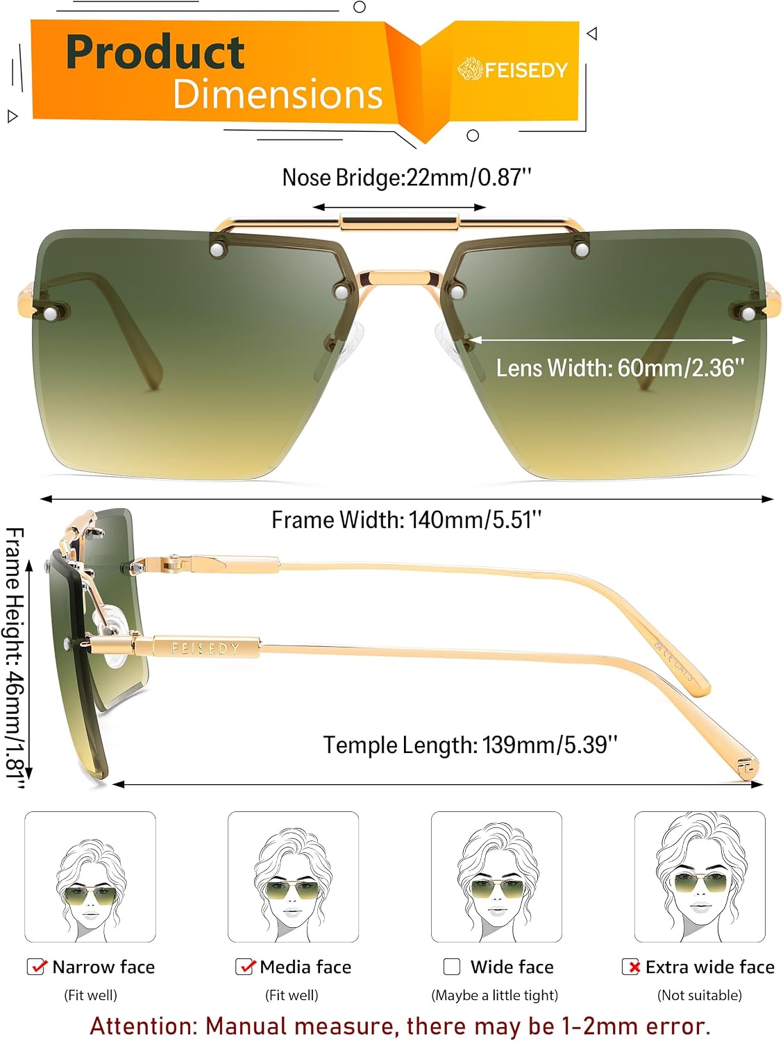 商品图片 21 | B0HFJXV98G | FEISEDY Rimless Aviator Sunglasses for Women Men Luxury UV400 Shades