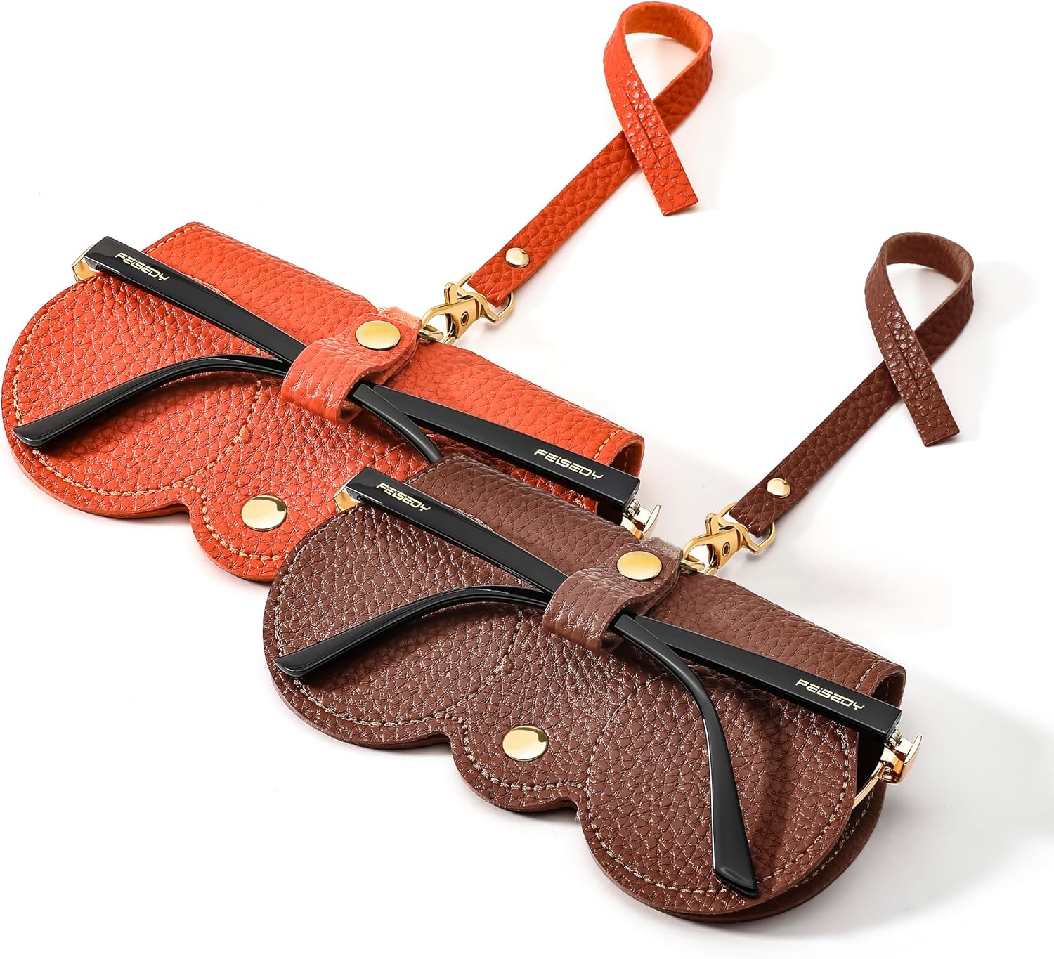 Orange + Brown | B0CFPRY146 | FEISEDY 2Pack Soft Leather Sunglass Bag, Portable Holder Eyeglasses Case | Lightweight Portable Design, With Button Clip Wrist Strap for Travel Daily Use B0049